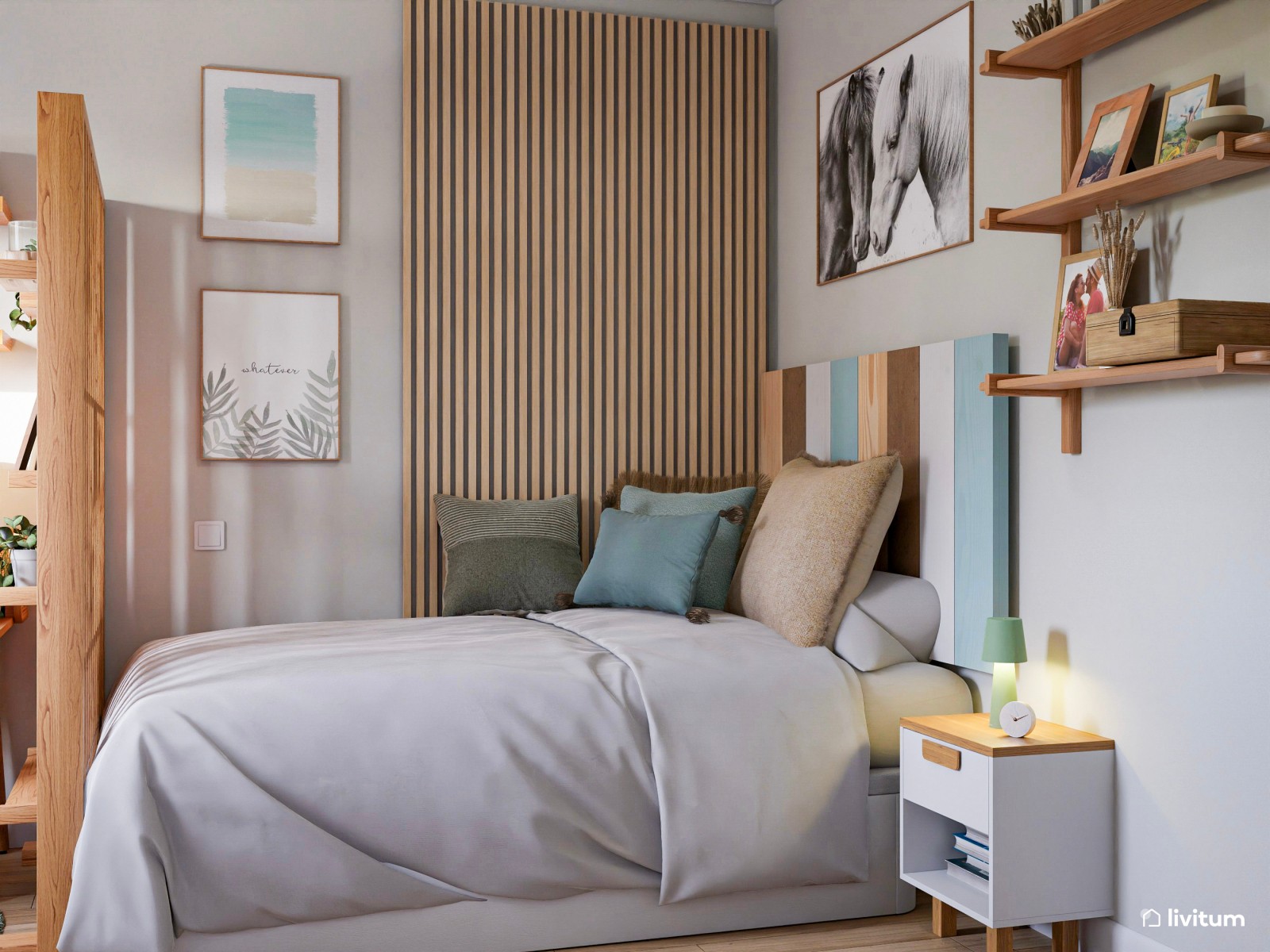 Habitación juvenil con zona de escritorio en madera y verde salvia