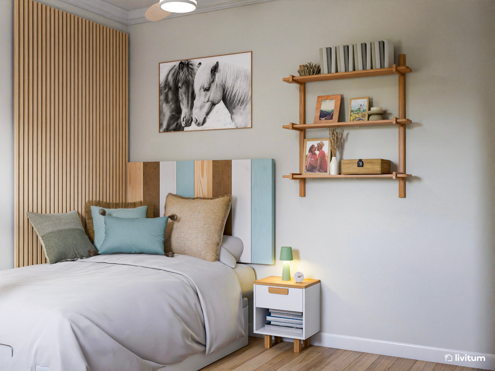 Habitación juvenil con zona de escritorio en madera y verde salvia