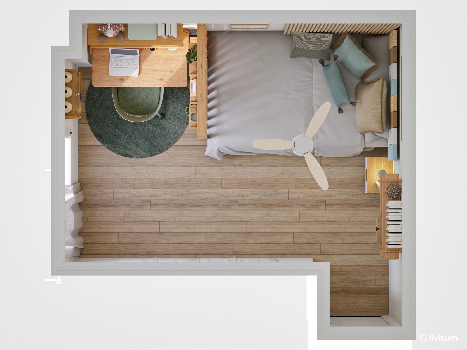 Habitación juvenil con zona de escritorio en madera y verde salvia