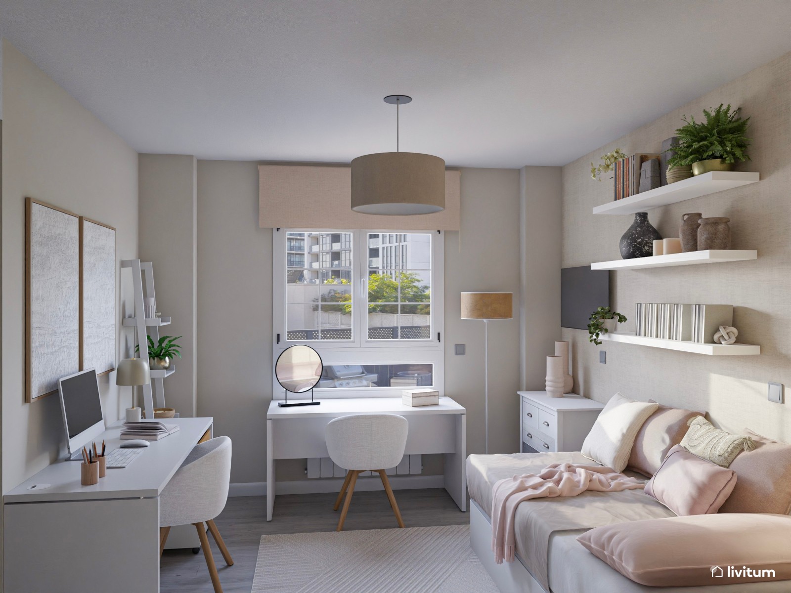Habitación juvenil con zona de escritorio y tocador