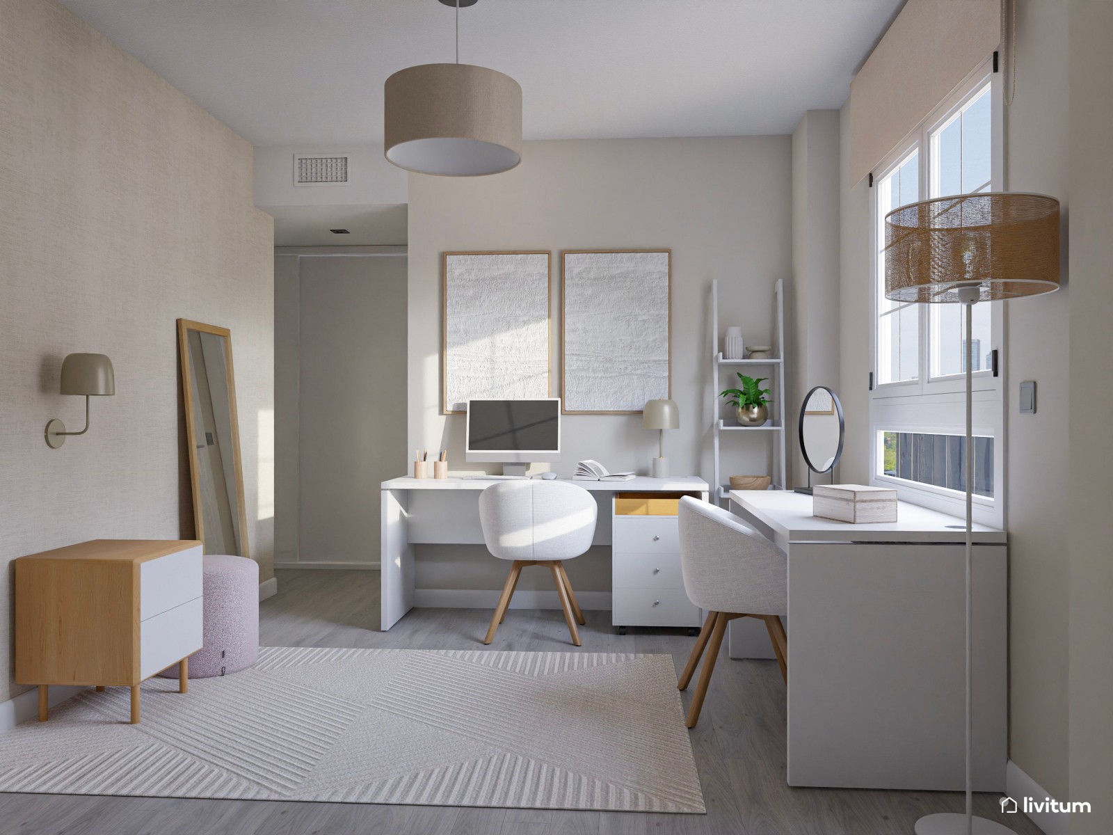 Habitación juvenil con zona de escritorio y tocador