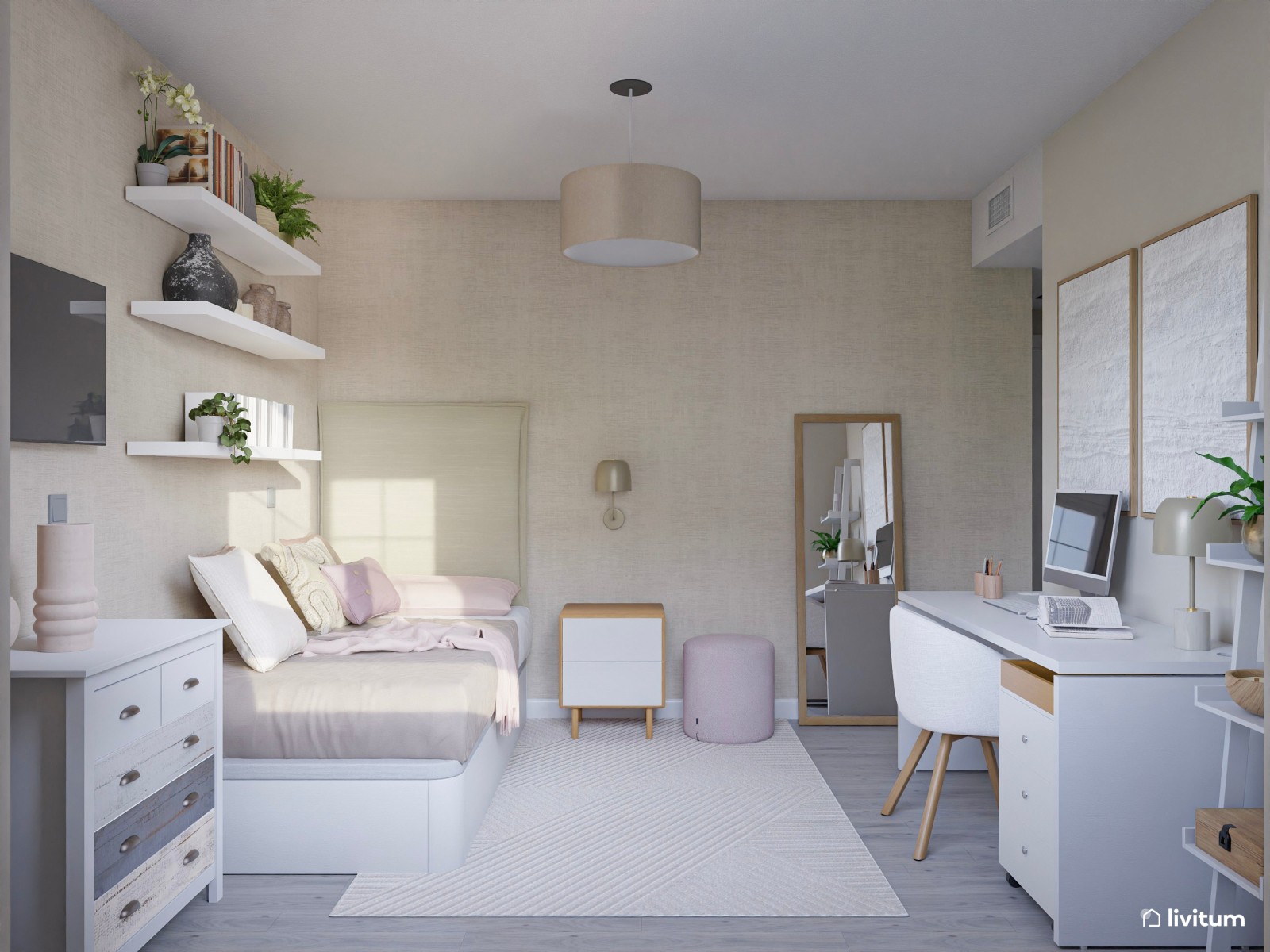 Habitación juvenil con zona de escritorio y tocador