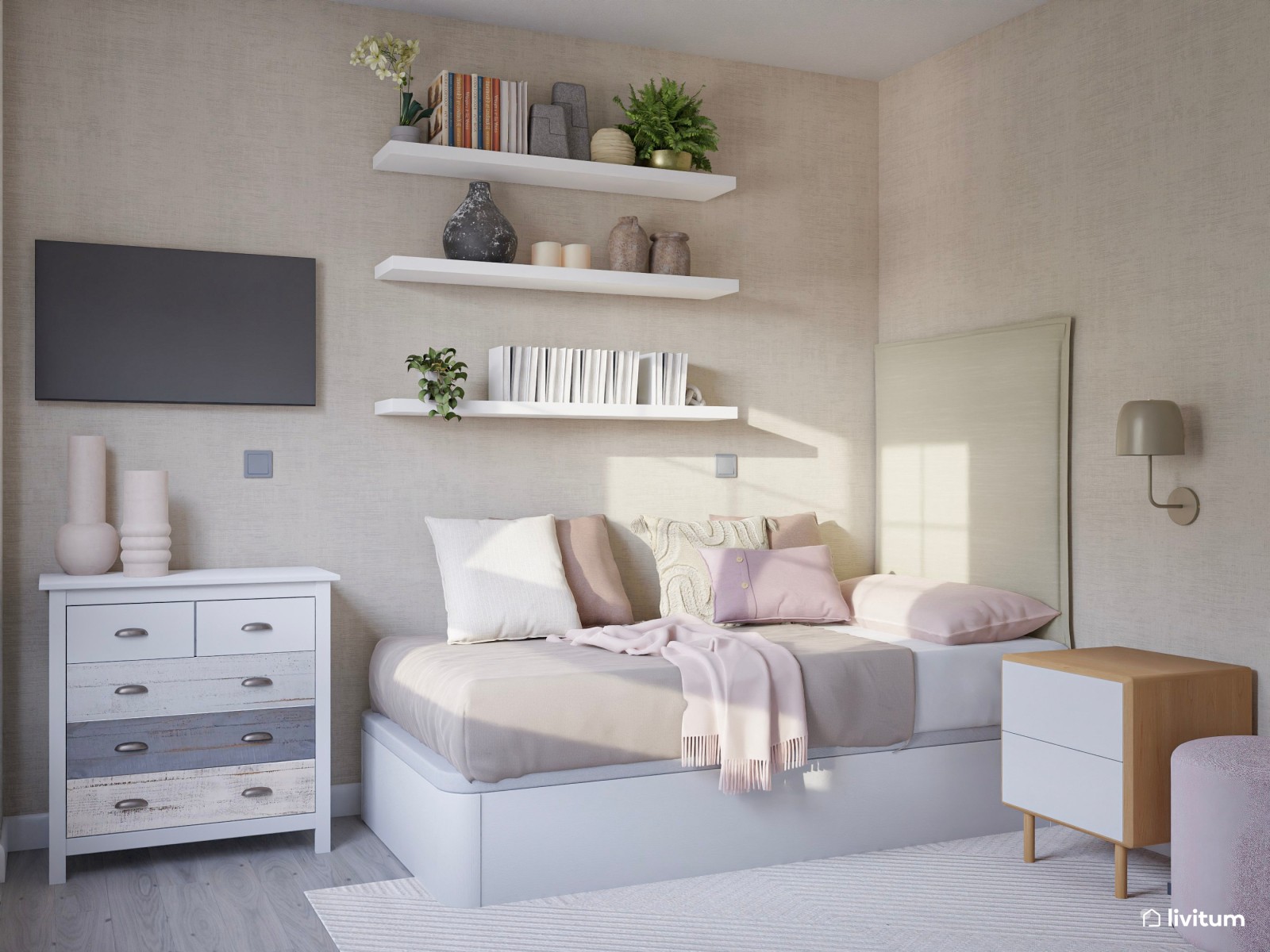 Habitación juvenil con zona de escritorio y tocador