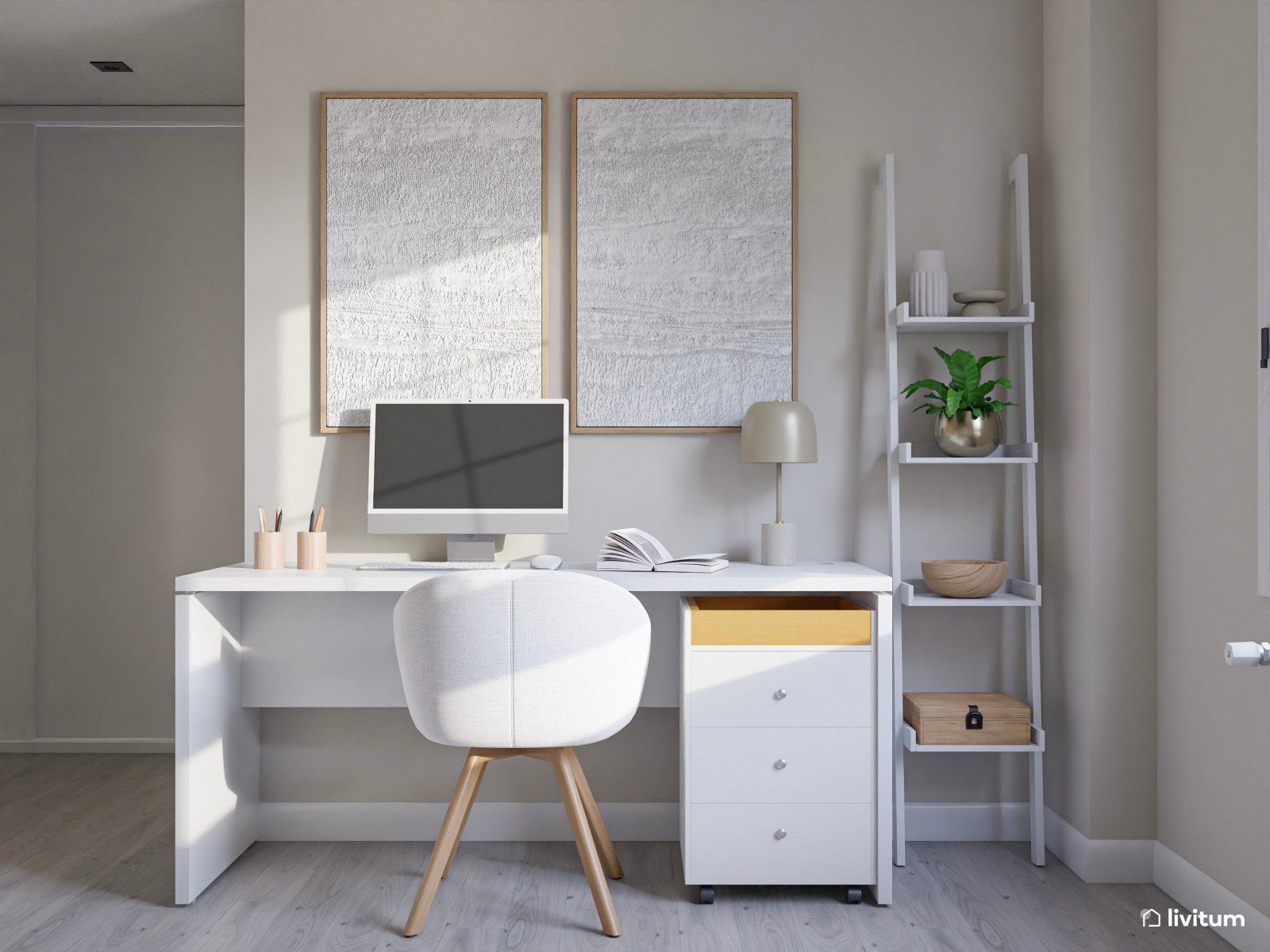 Habitación juvenil con zona de escritorio y tocador