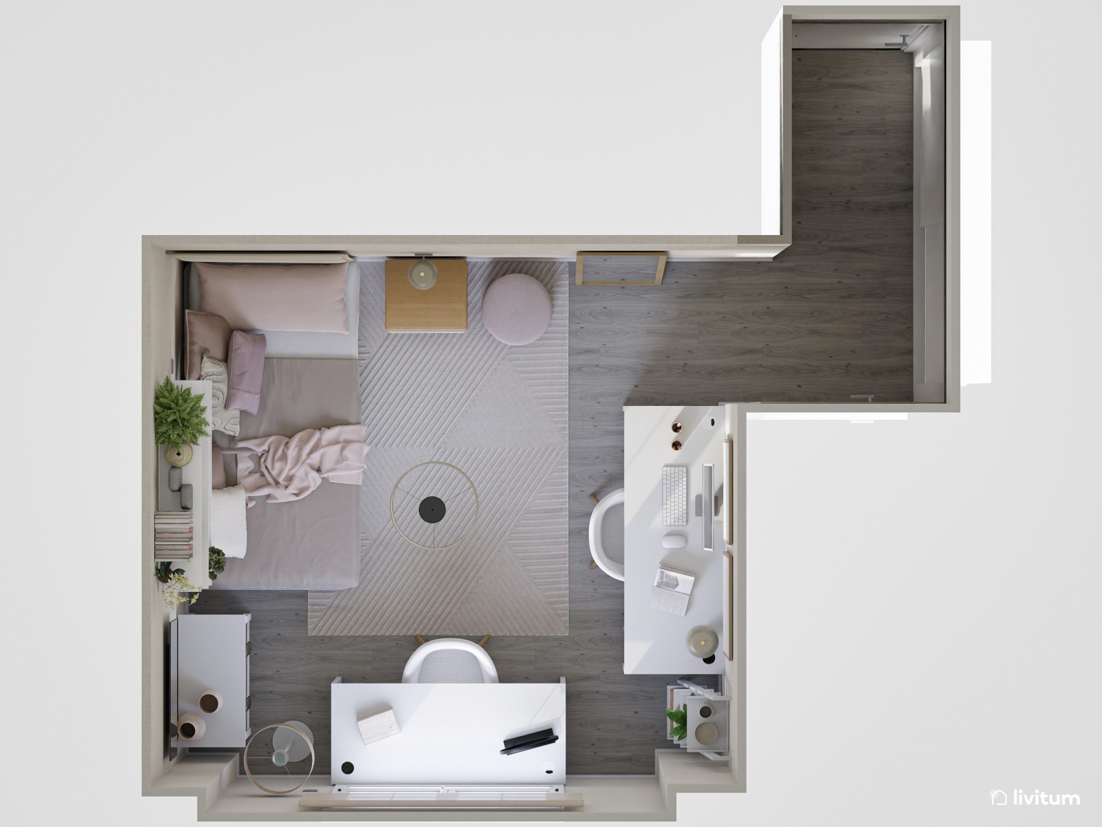 Habitación juvenil con zona de escritorio y tocador