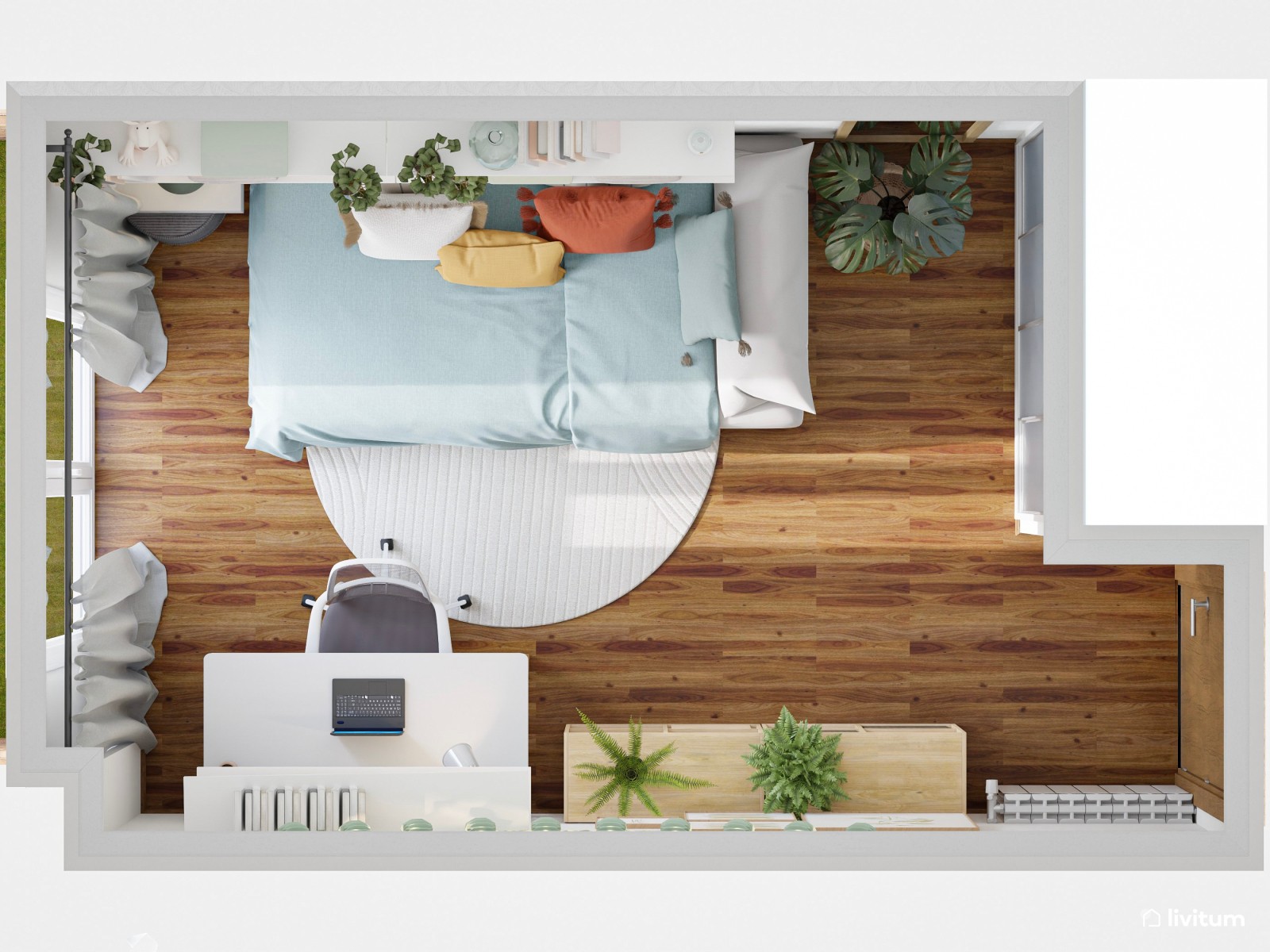 Habitación juvenil con zona de estudio con detalles en verde