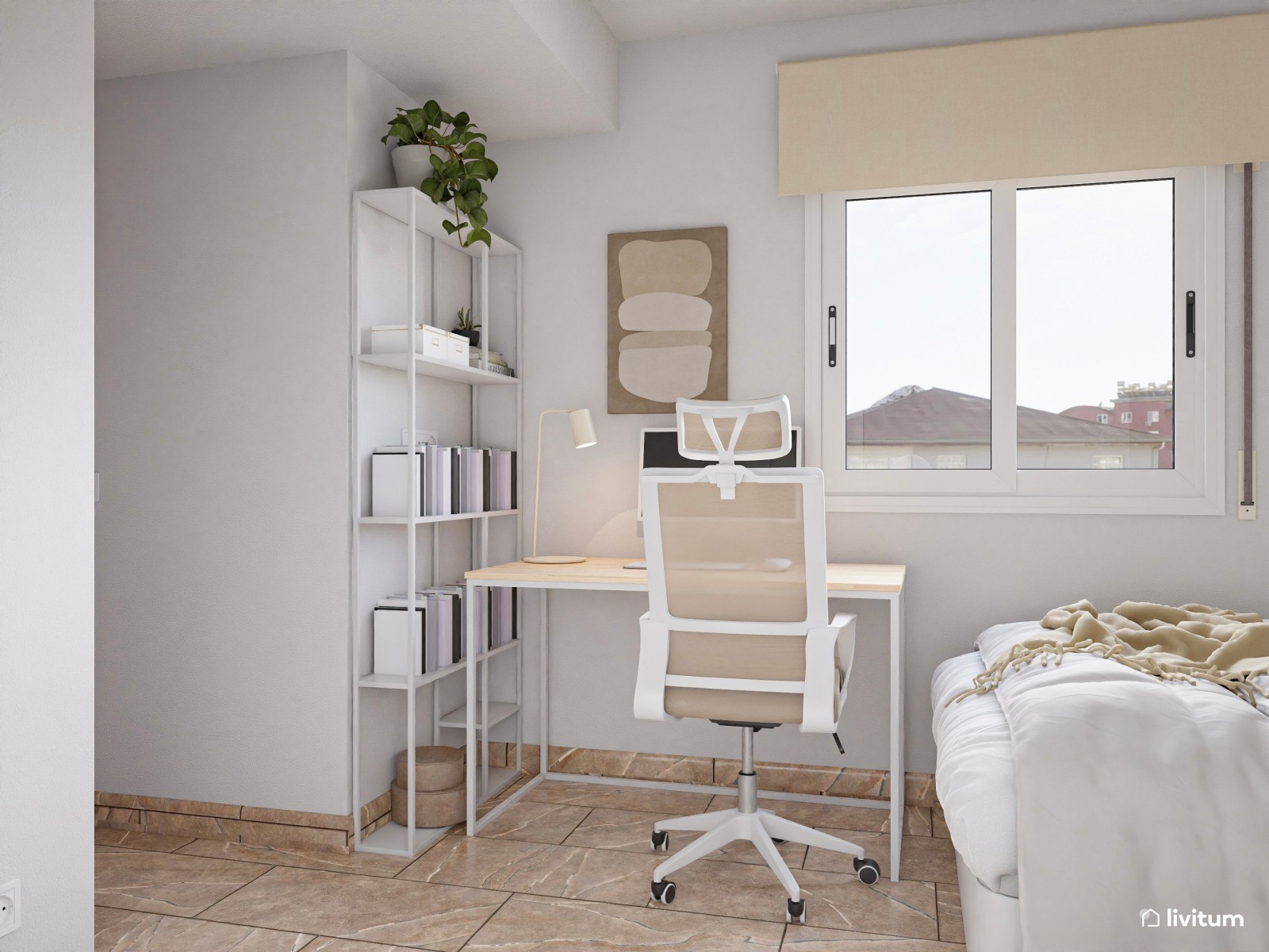 Habitación juvenil de 11 m² de planta irregular con zona de escritorio