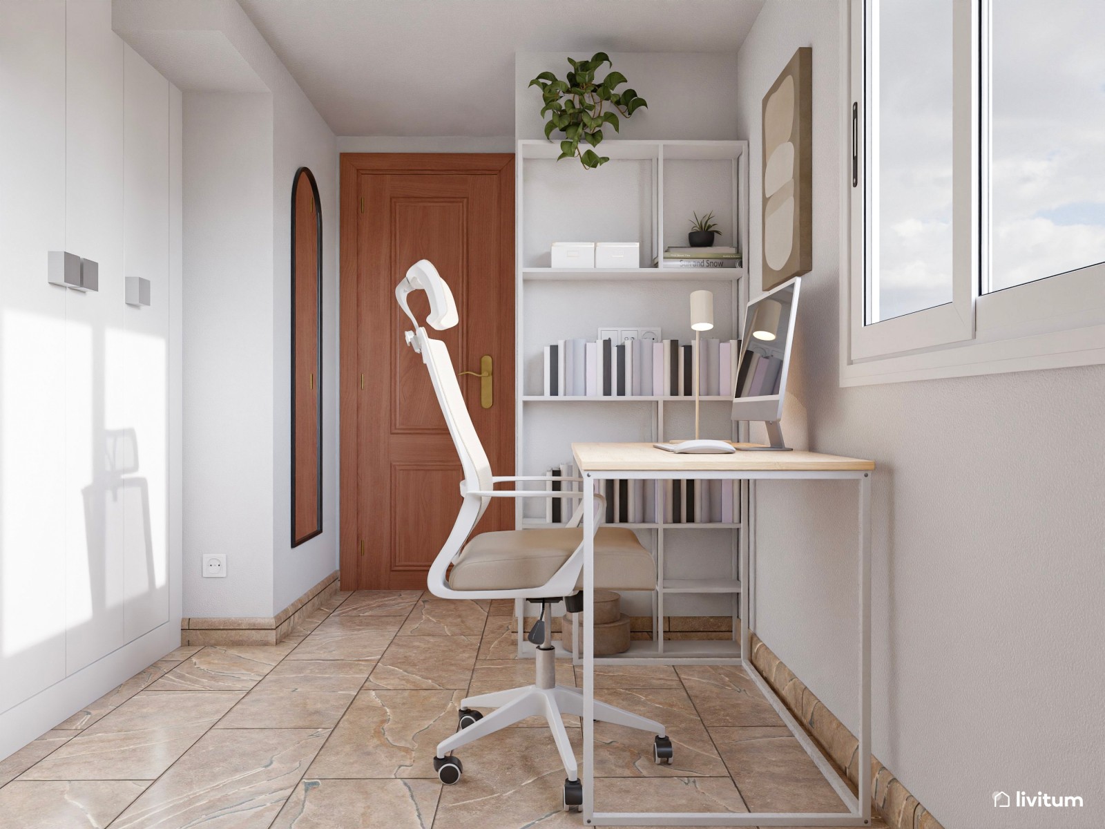 Habitación juvenil de 11 m² de planta irregular con zona de escritorio