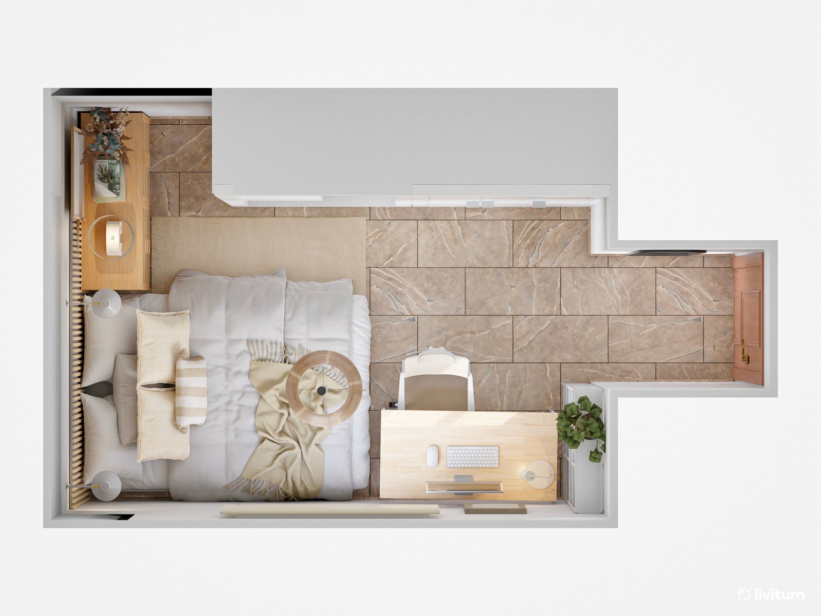 Habitación juvenil de 11 m² de planta irregular con zona de escritorio