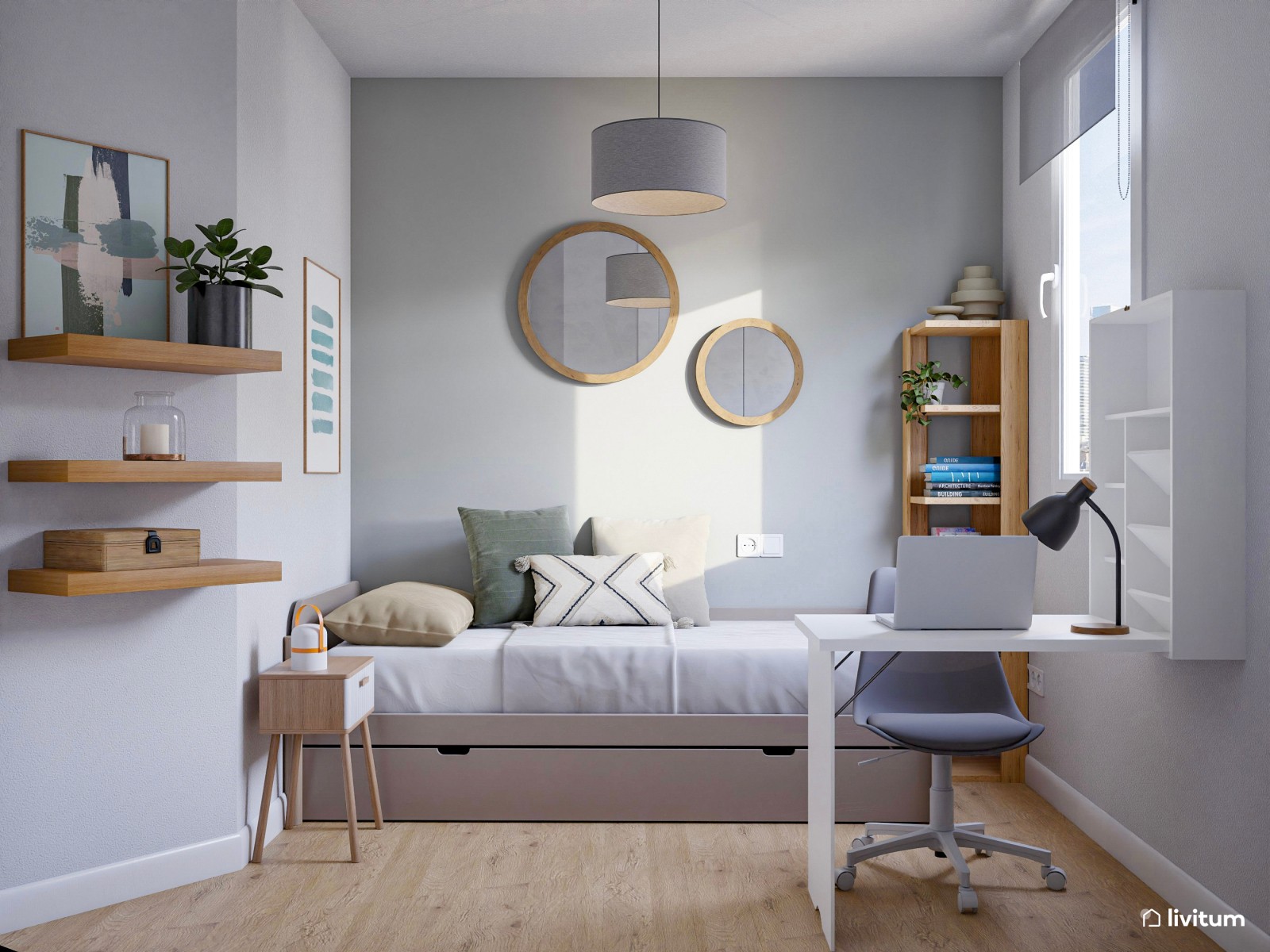 Habitación juvenil de 6 m² con cama nido y rincón de estudio