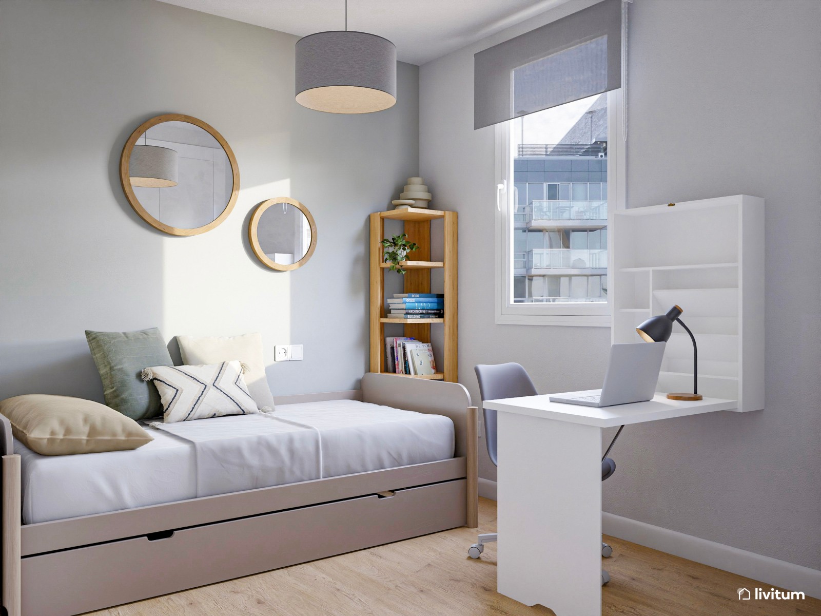 Habitación juvenil de 6 m² con cama nido y rincón de estudio