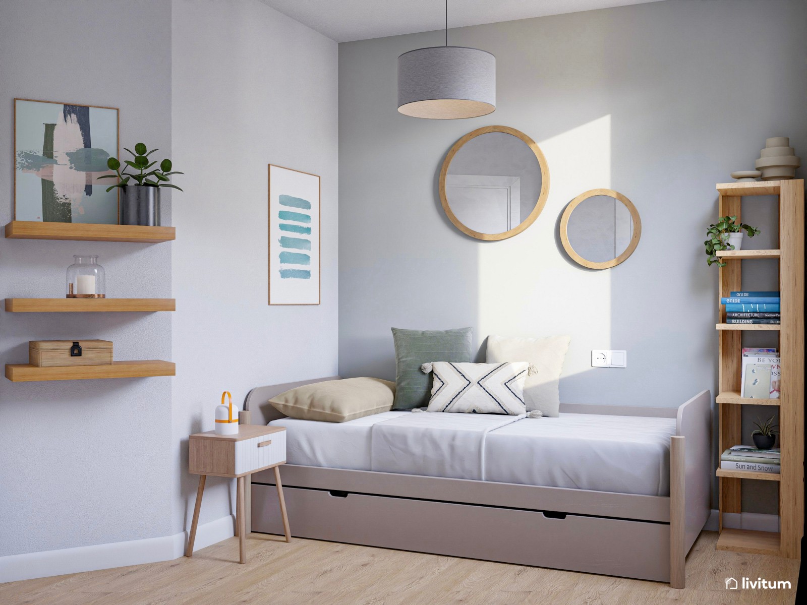 Habitación juvenil de 6 m² con cama nido y rincón de estudio