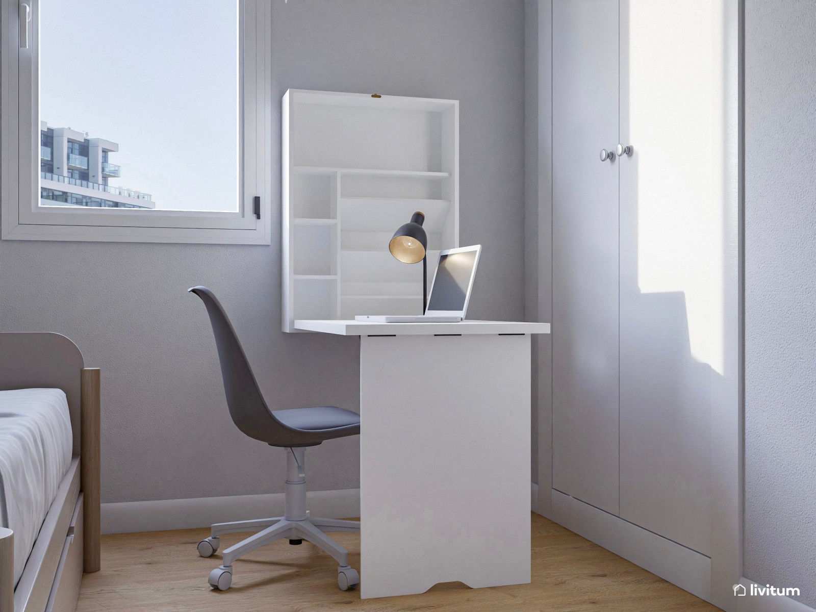 Habitación juvenil de 6 m² con cama nido y rincón de estudio