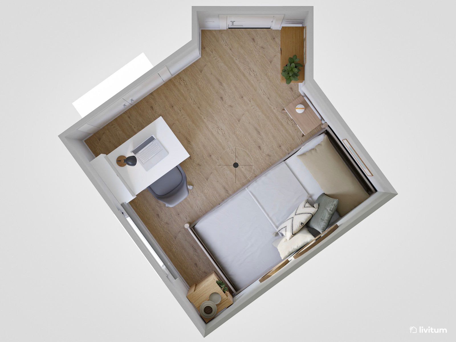 Habitación juvenil de 6 m² con cama nido y rincón de estudio