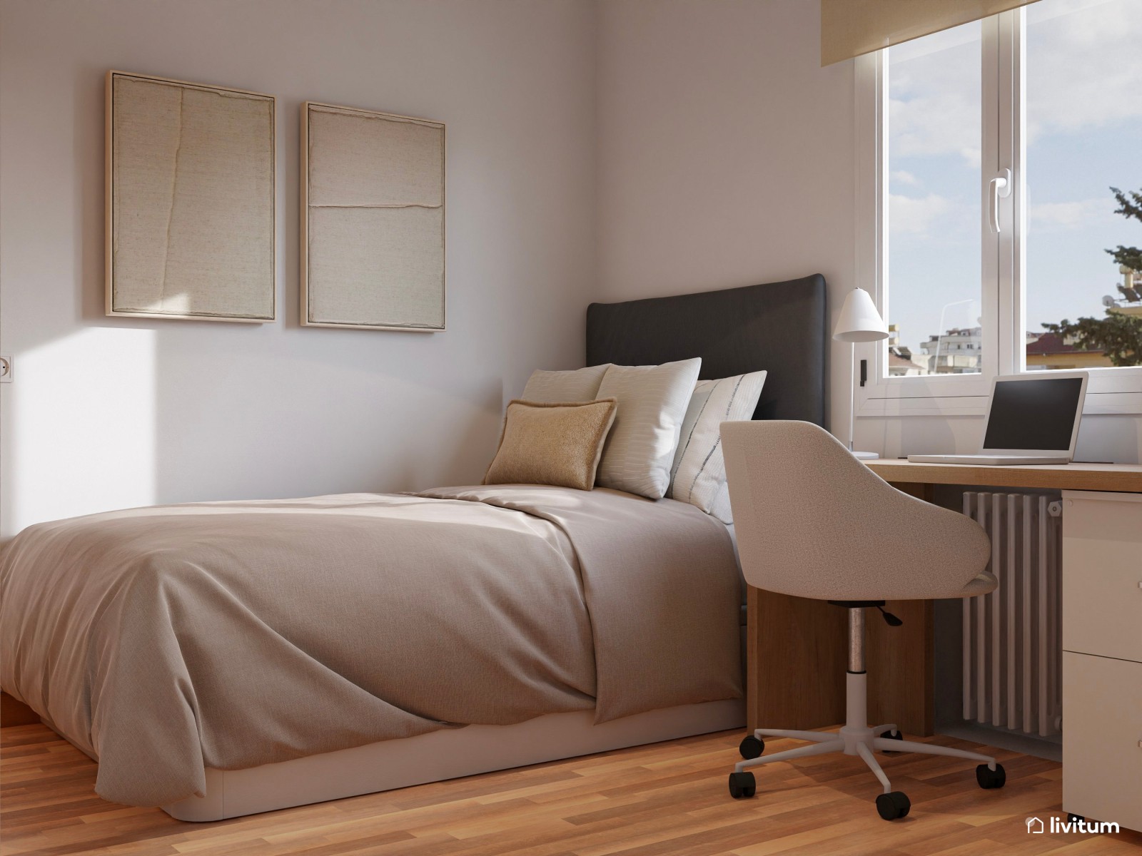 Habitación juvenil de estilo clásico en tonos tierra con zona de despacho y tocador