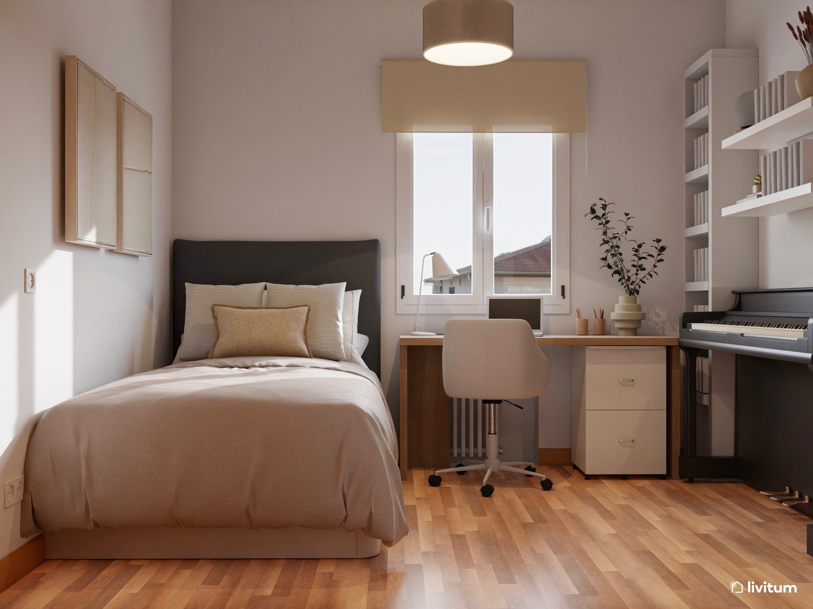 Habitación juvenil de estilo clásico en tonos tierra con zona de despacho y tocador