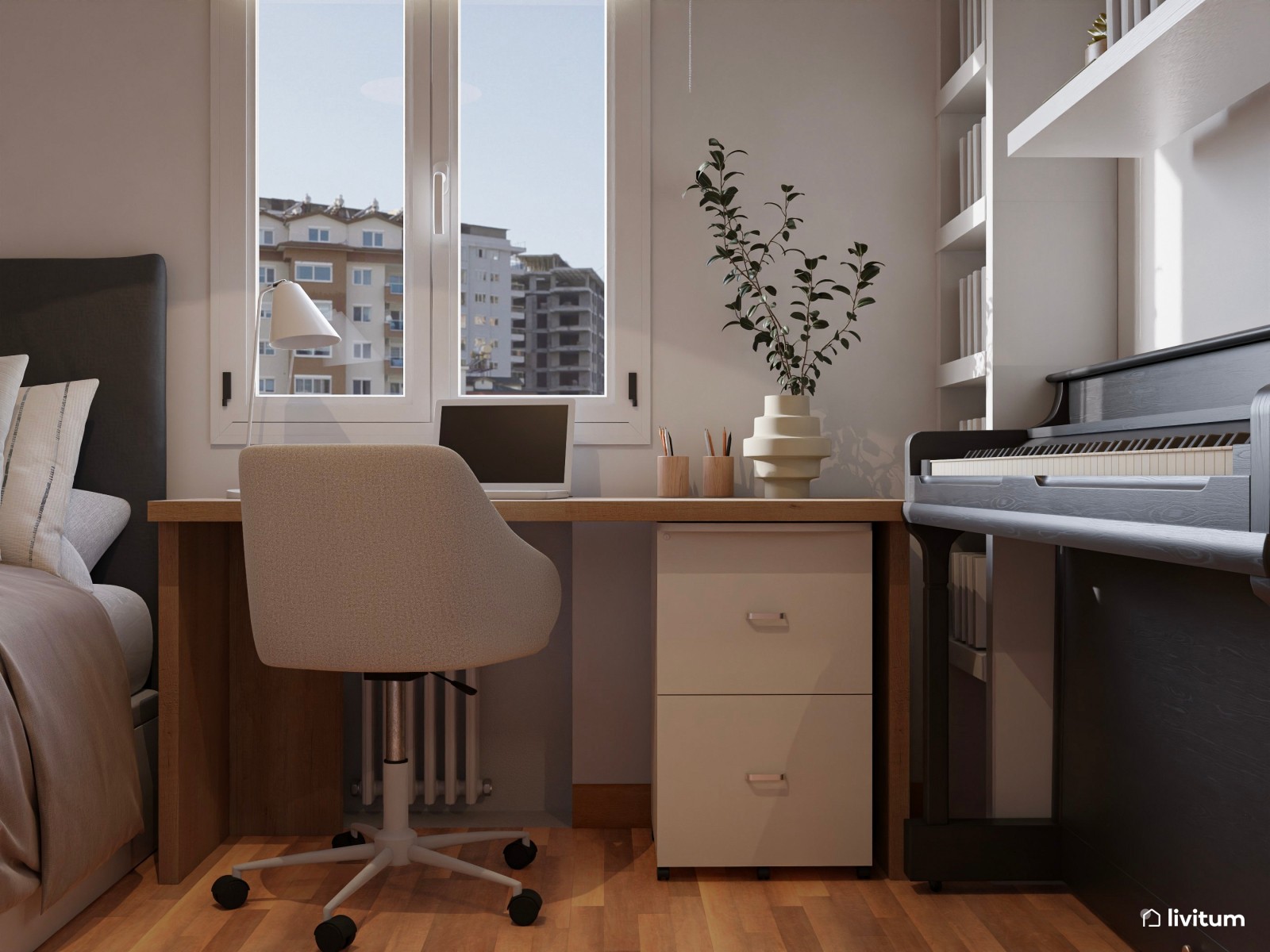 Habitación juvenil de estilo clásico en tonos tierra con zona de despacho y tocador