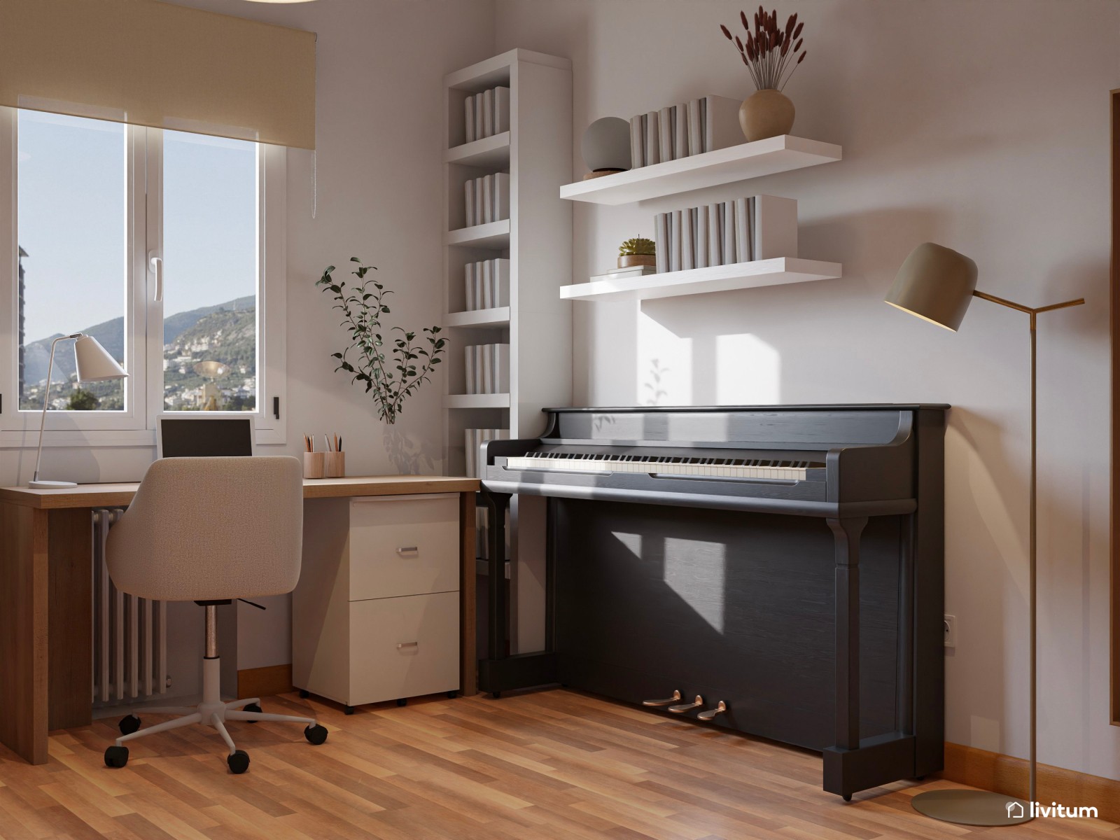 Habitación juvenil de estilo clásico en tonos tierra con zona de despacho y tocador