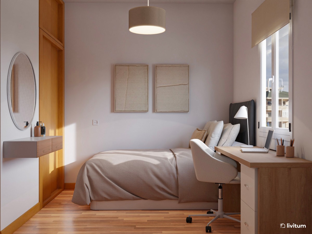 Habitación juvenil de estilo clásico en tonos tierra con zona de despacho y tocador