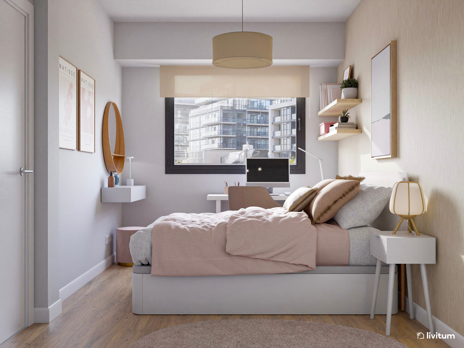 Habitación juvenil en blanco y rosa empolvado