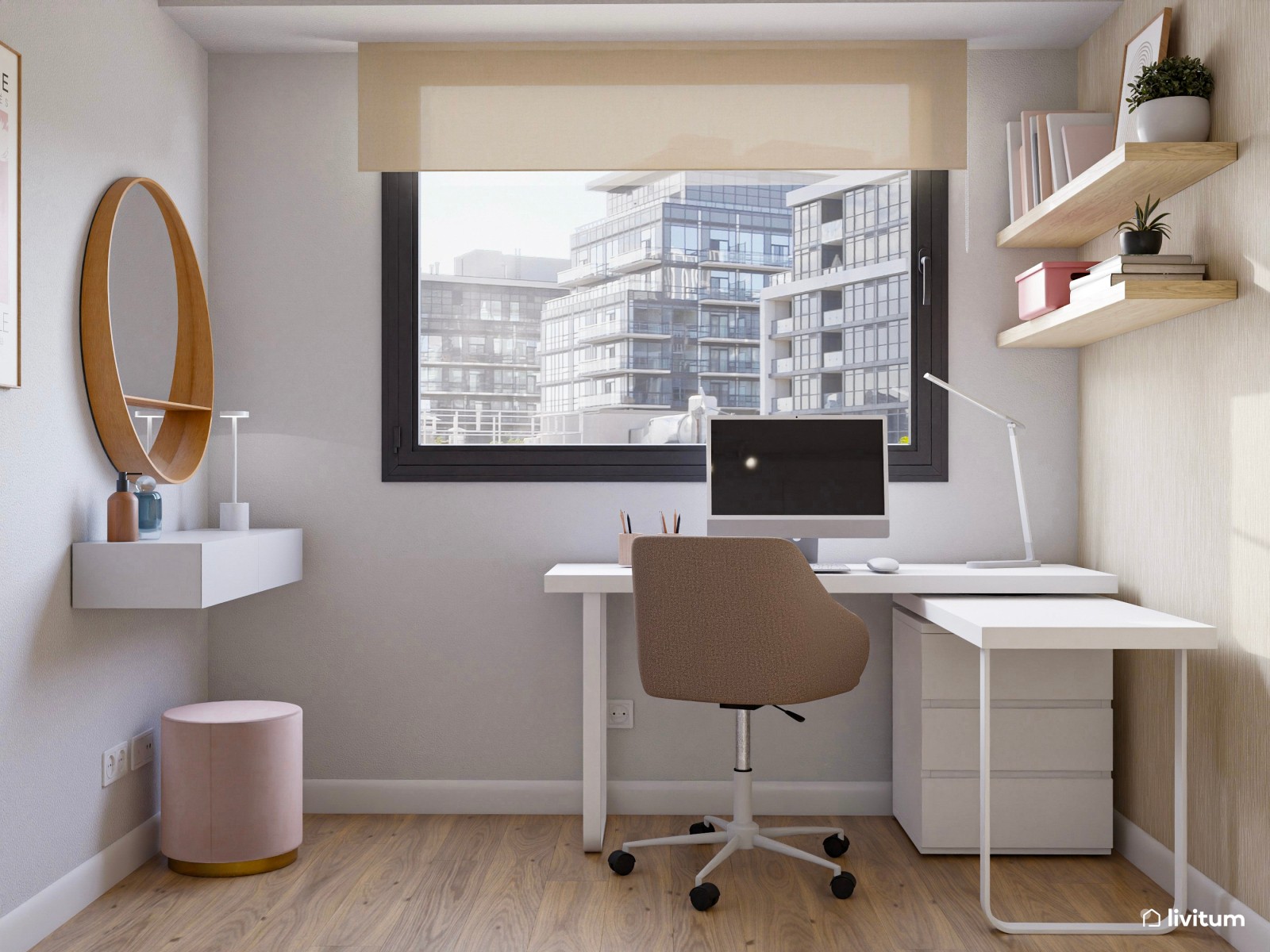 Habitación juvenil en blanco y rosa empolvado