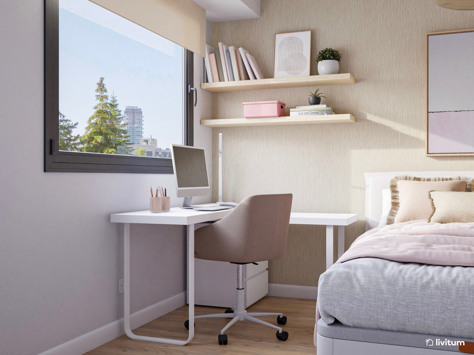 Habitación juvenil en blanco y rosa empolvado