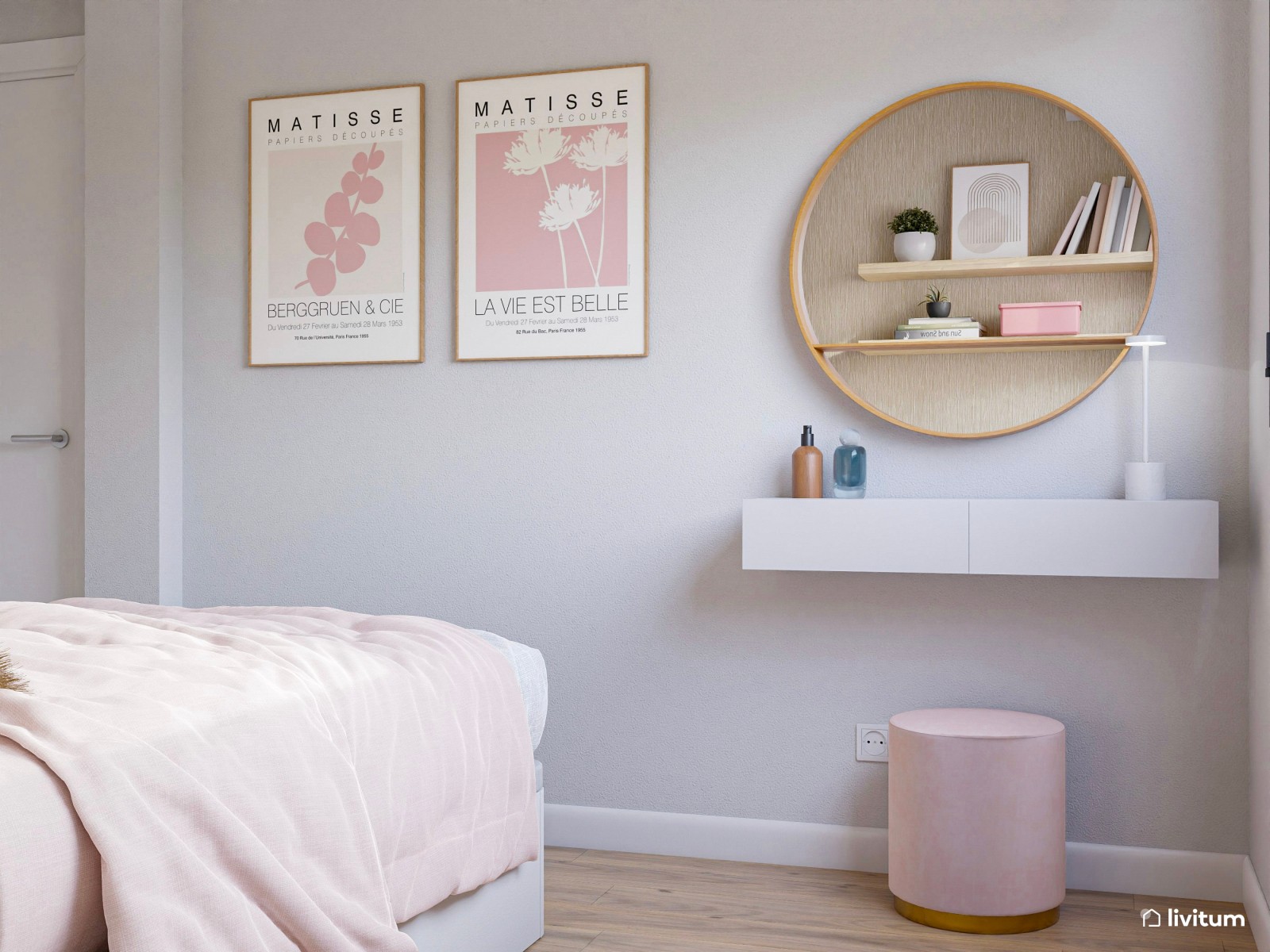 Habitación juvenil en blanco y rosa empolvado