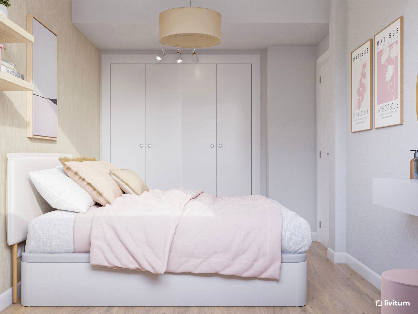 Habitación juvenil en blanco y rosa empolvado