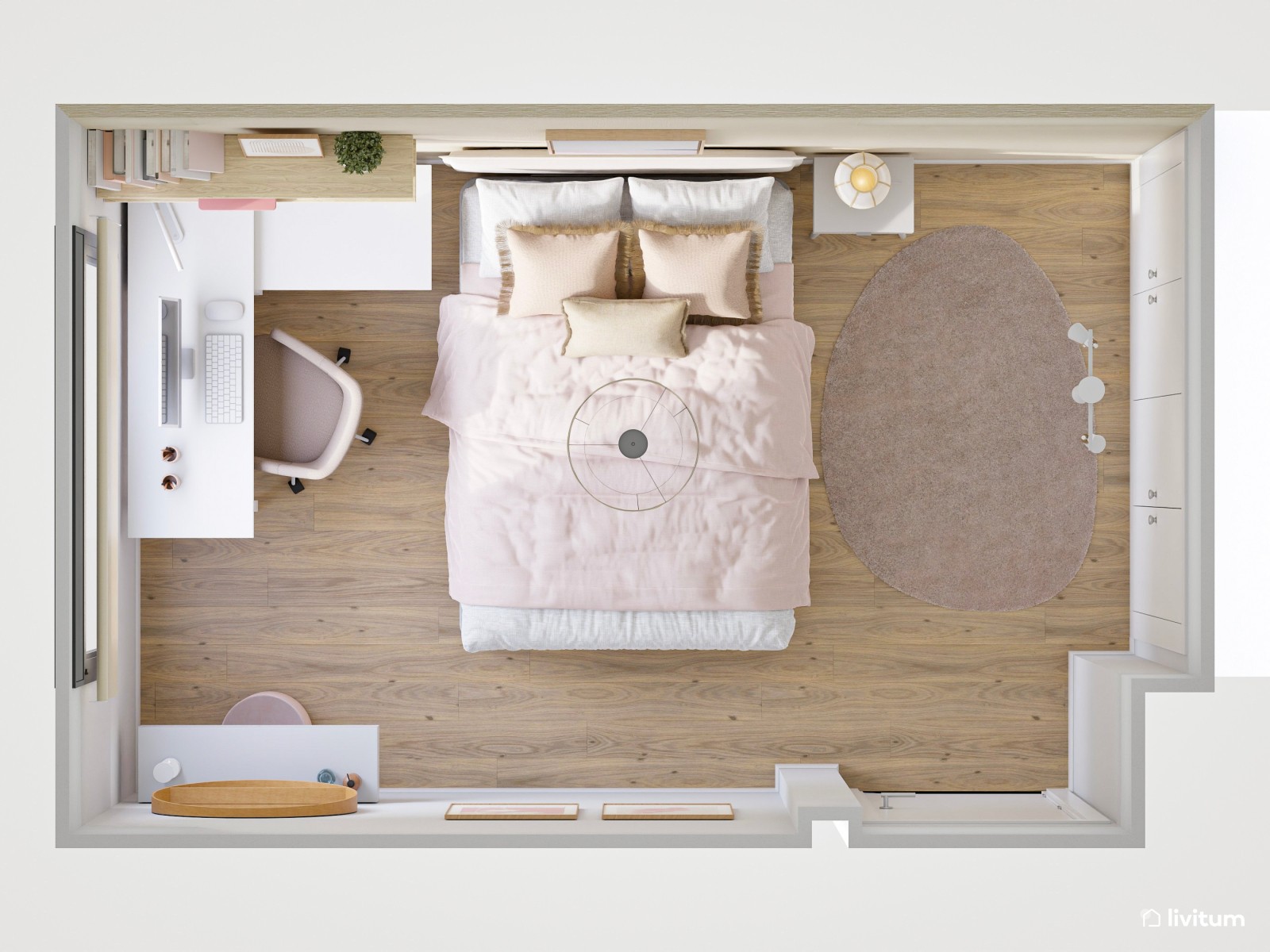 Habitación juvenil en blanco y rosa empolvado