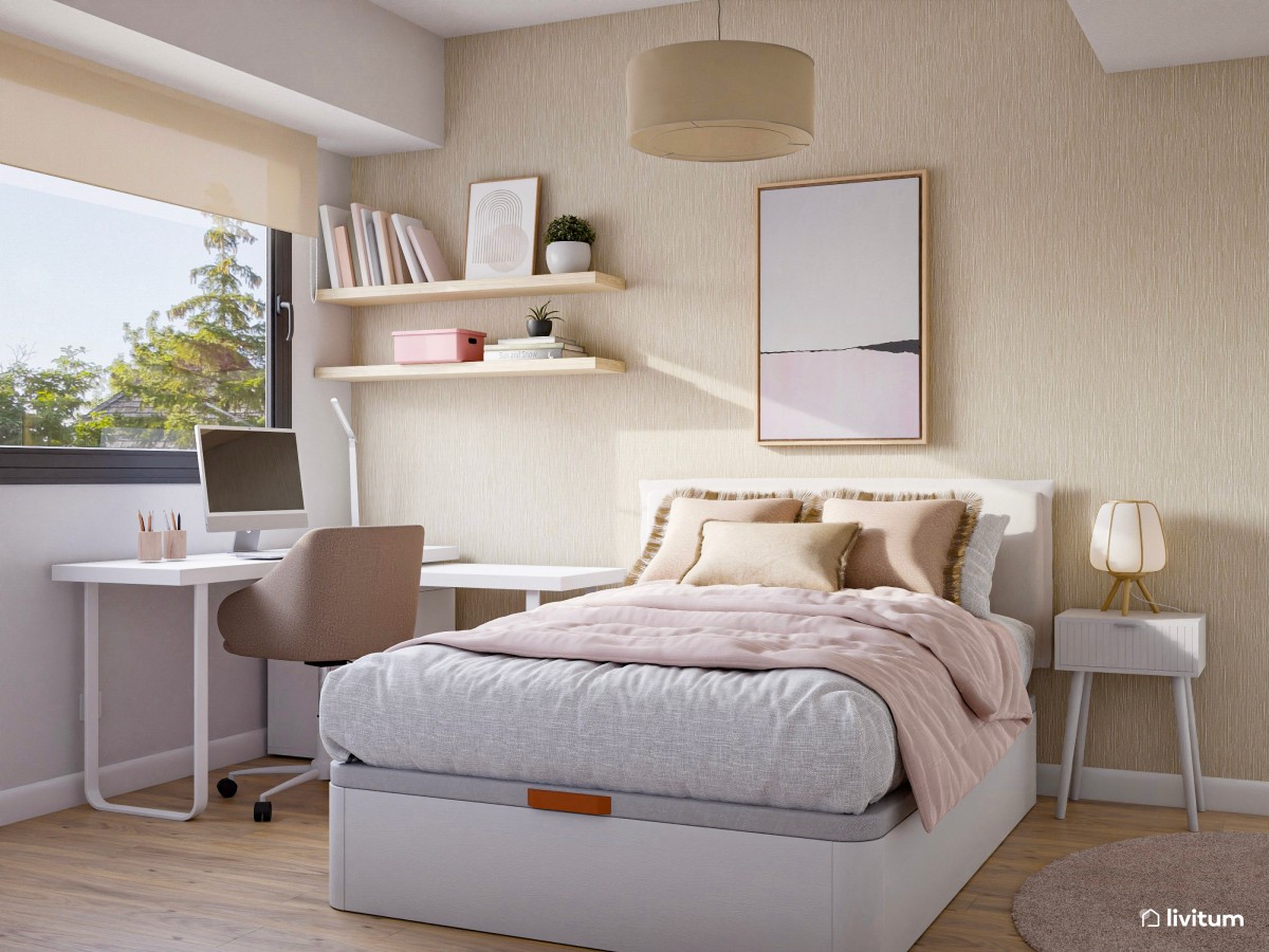 Habitación juvenil en blanco y rosa empolvado