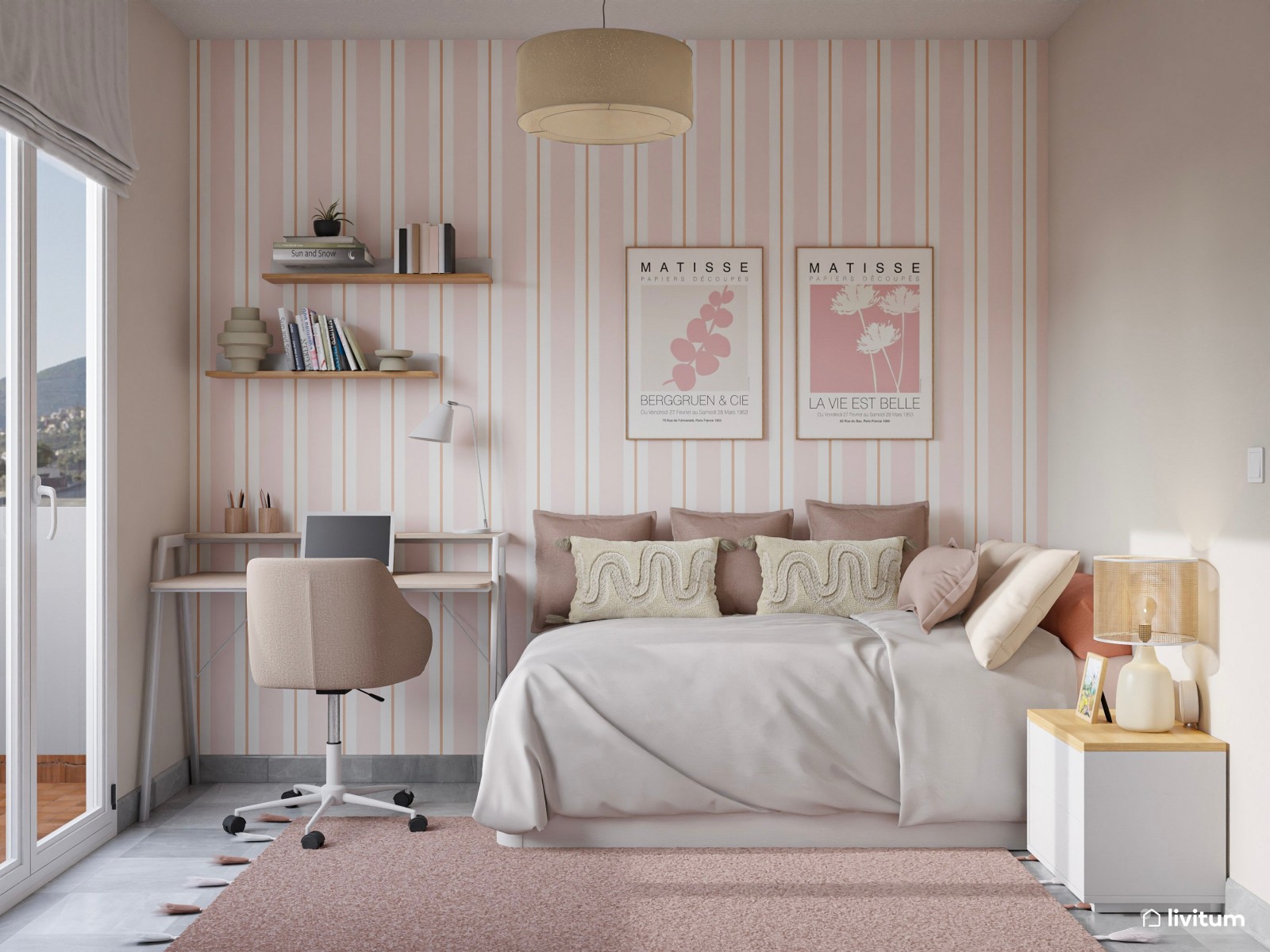 Habitación juvenil en color blanco y rosa empolvado