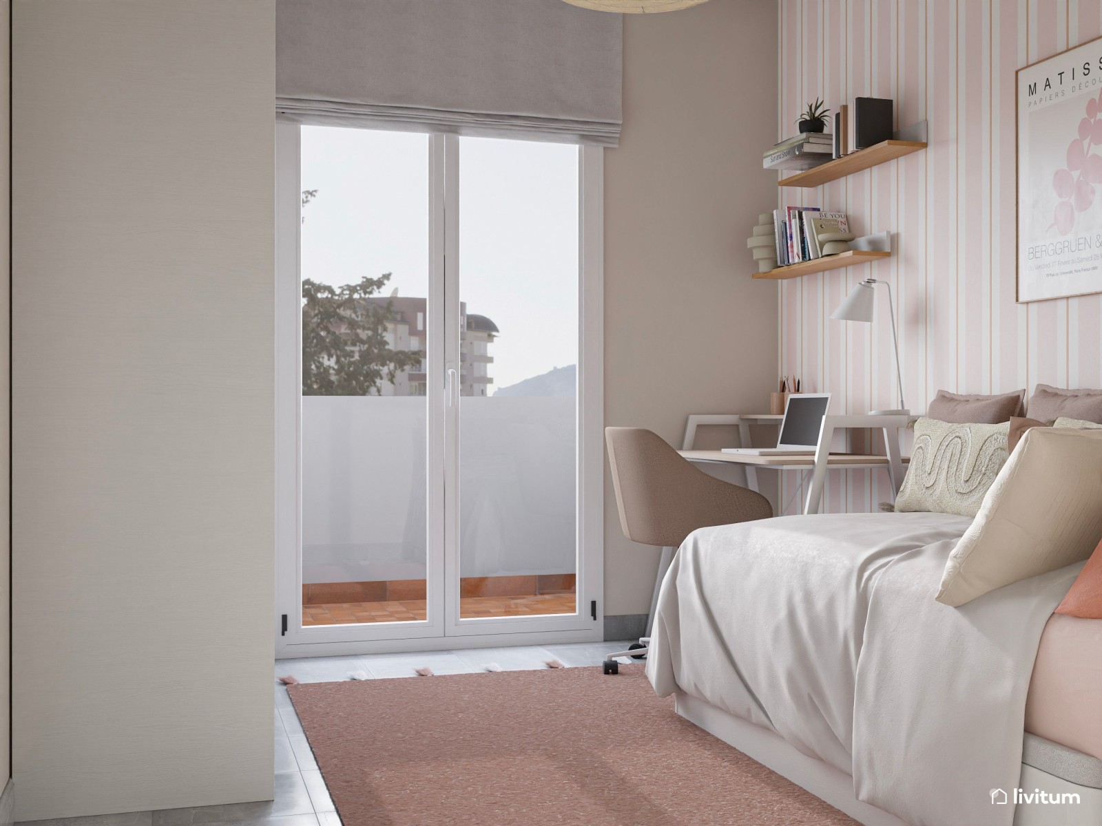 Habitación juvenil en color blanco y rosa empolvado