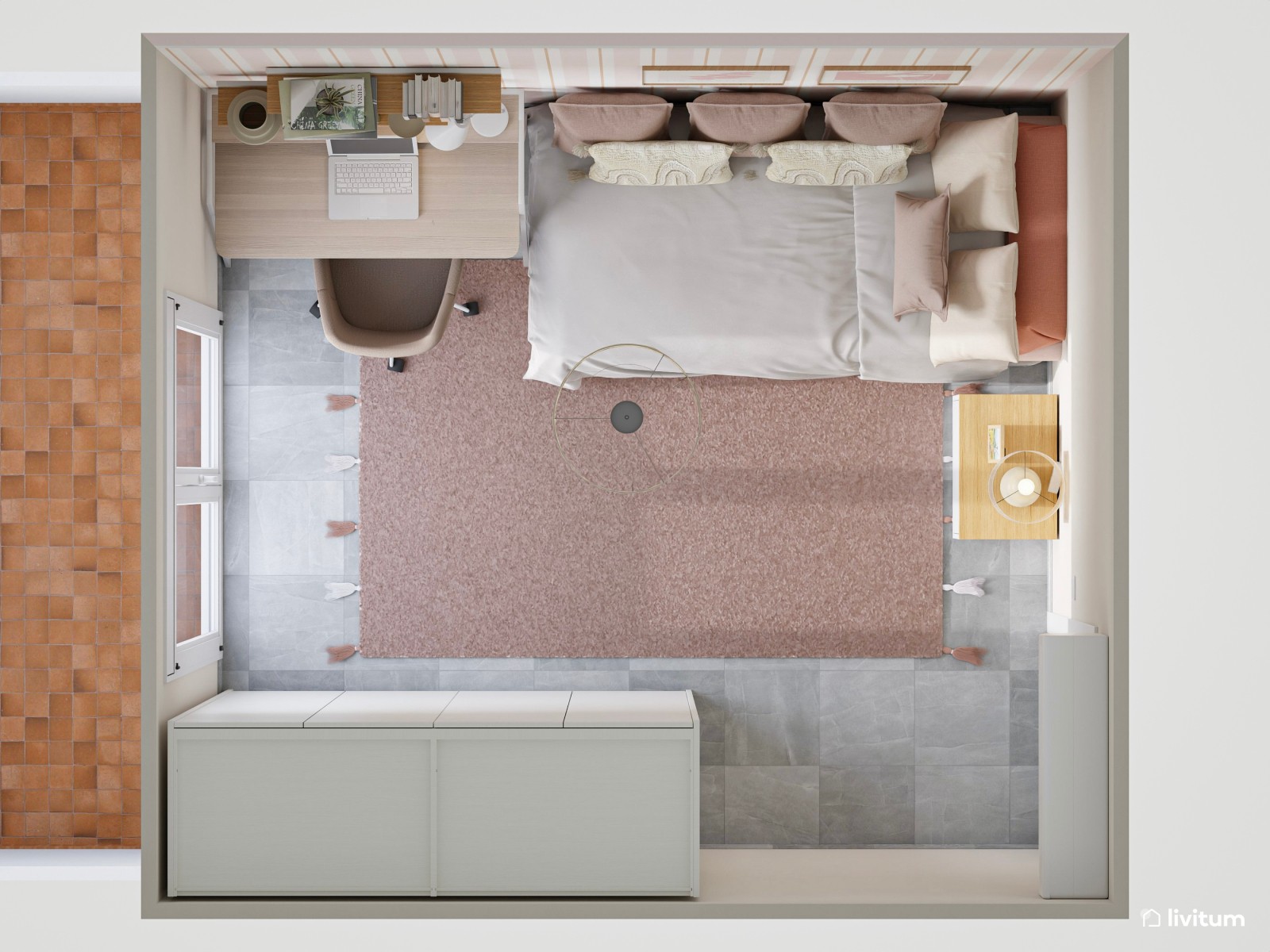 Habitación juvenil en color blanco y rosa empolvado