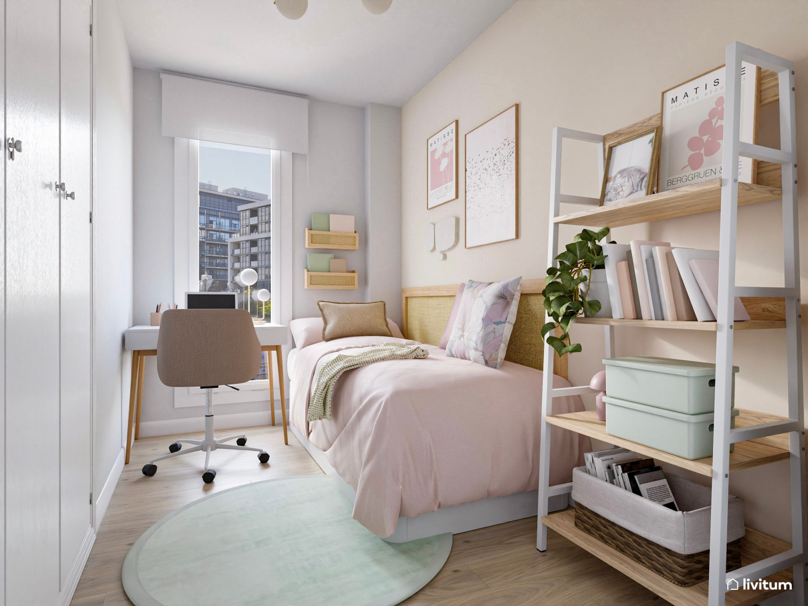 Habitación juvenil en rosa y verde empolvado con escritorio 