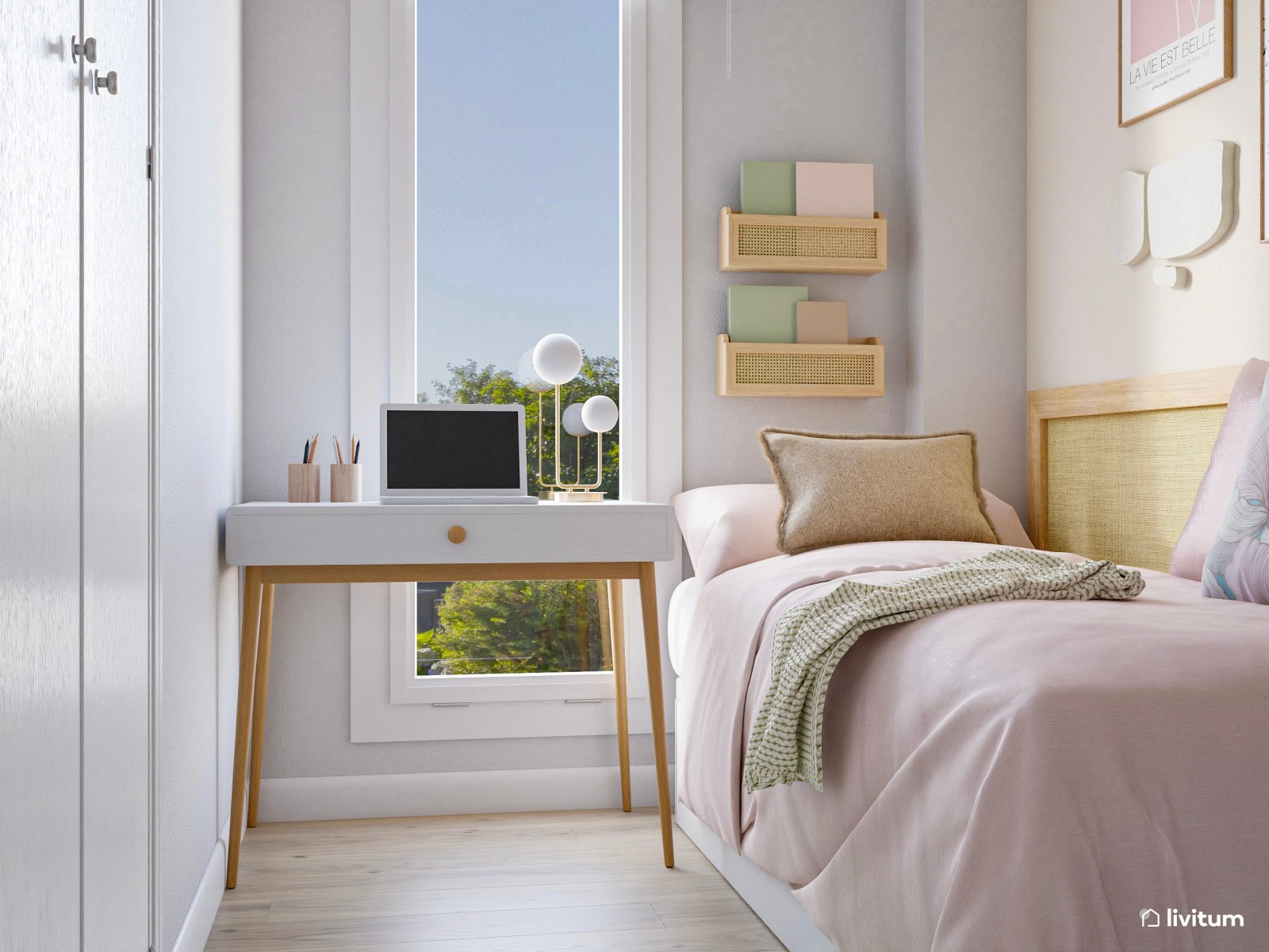 Habitación juvenil en rosa y verde empolvado con escritorio 