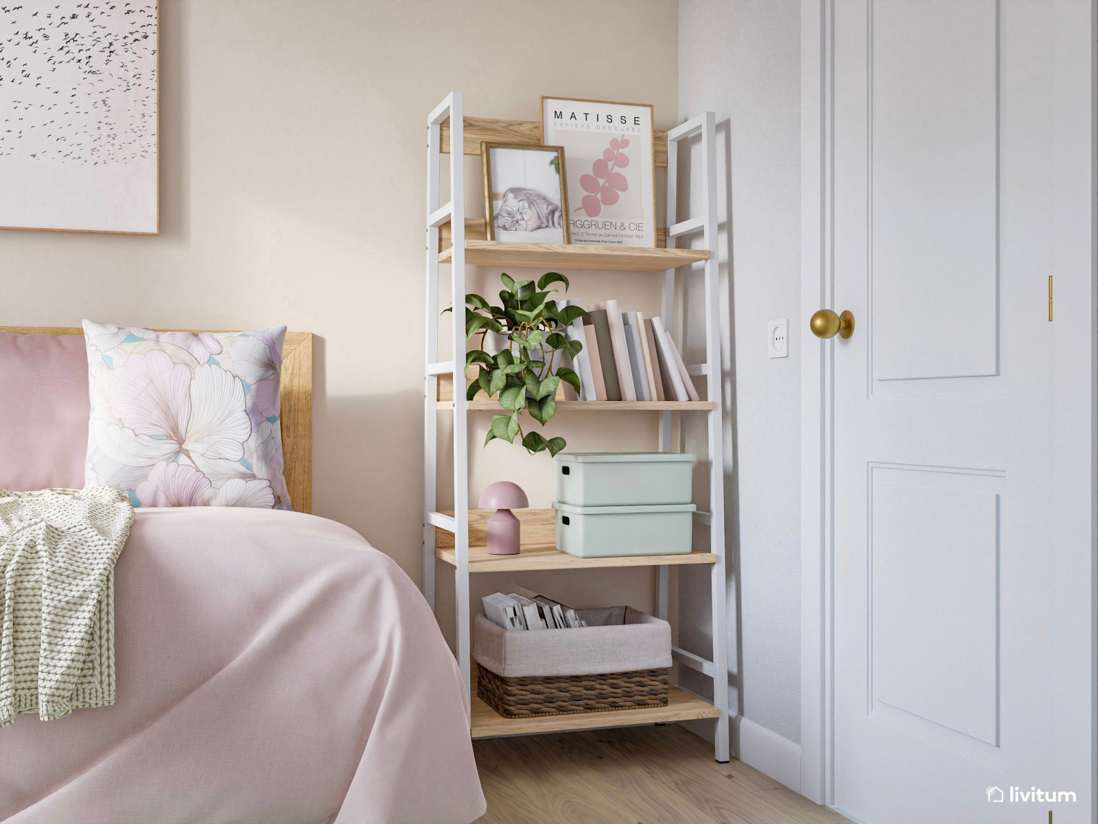 Habitación juvenil en rosa y verde empolvado con escritorio 