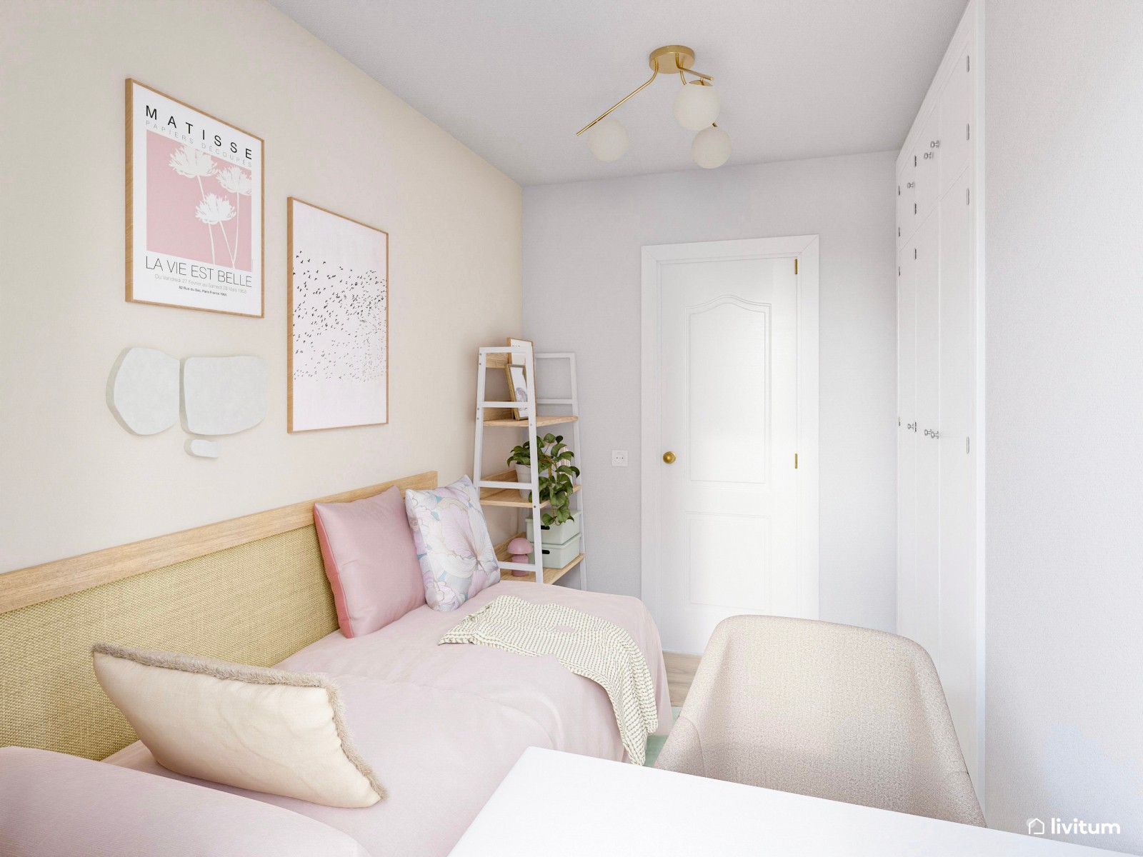 Habitación juvenil en rosa y verde empolvado con escritorio 