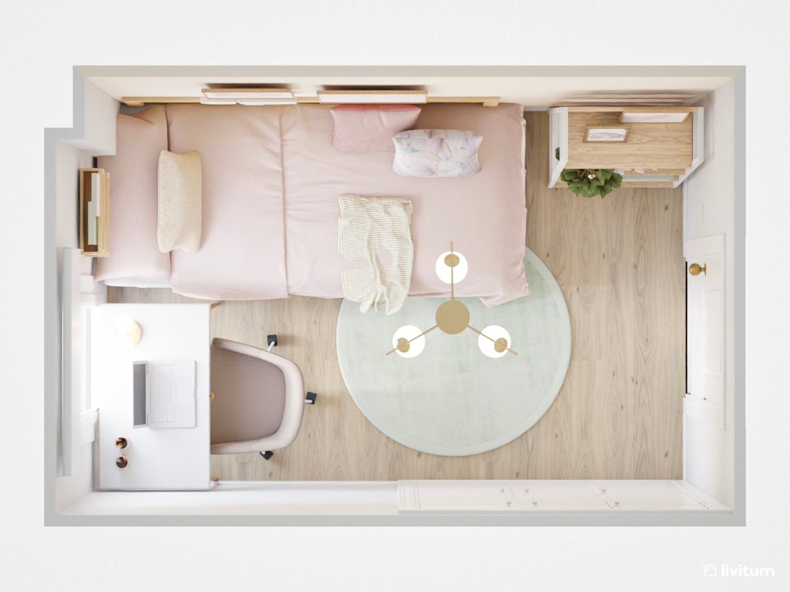 Habitación juvenil en rosa y verde empolvado con escritorio 