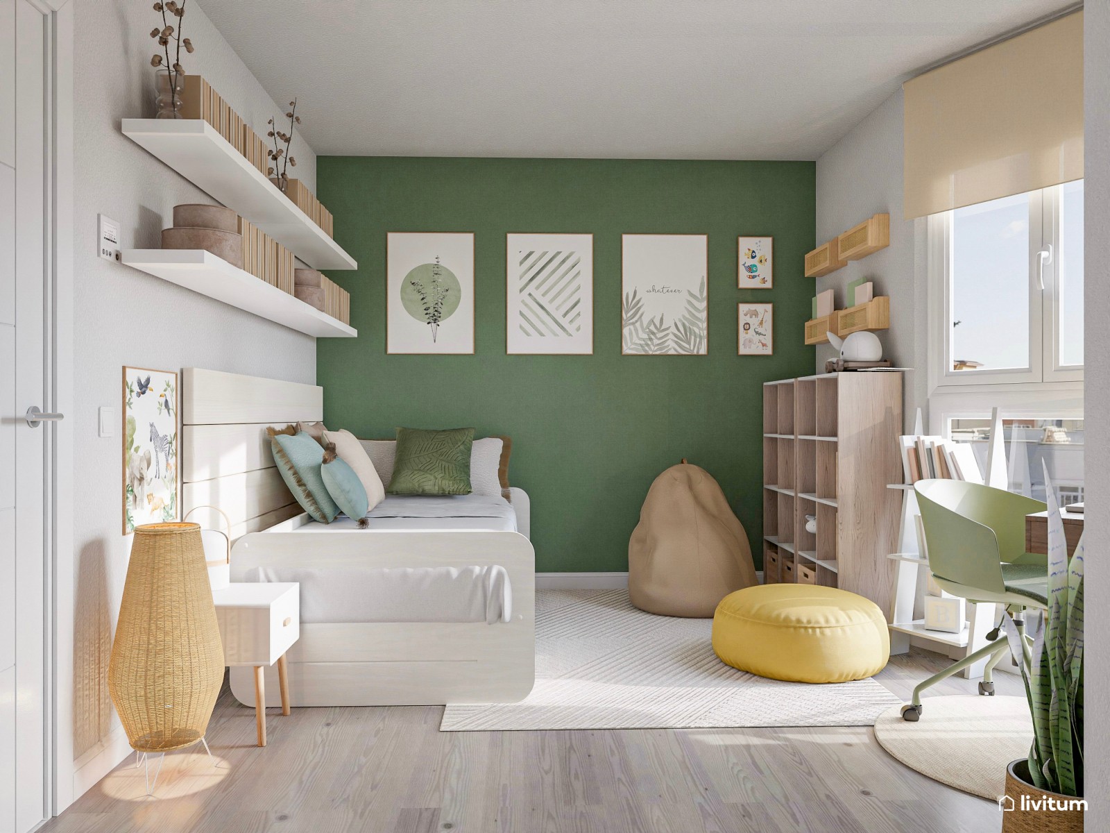 Habitación juvenil en verde y amarillo