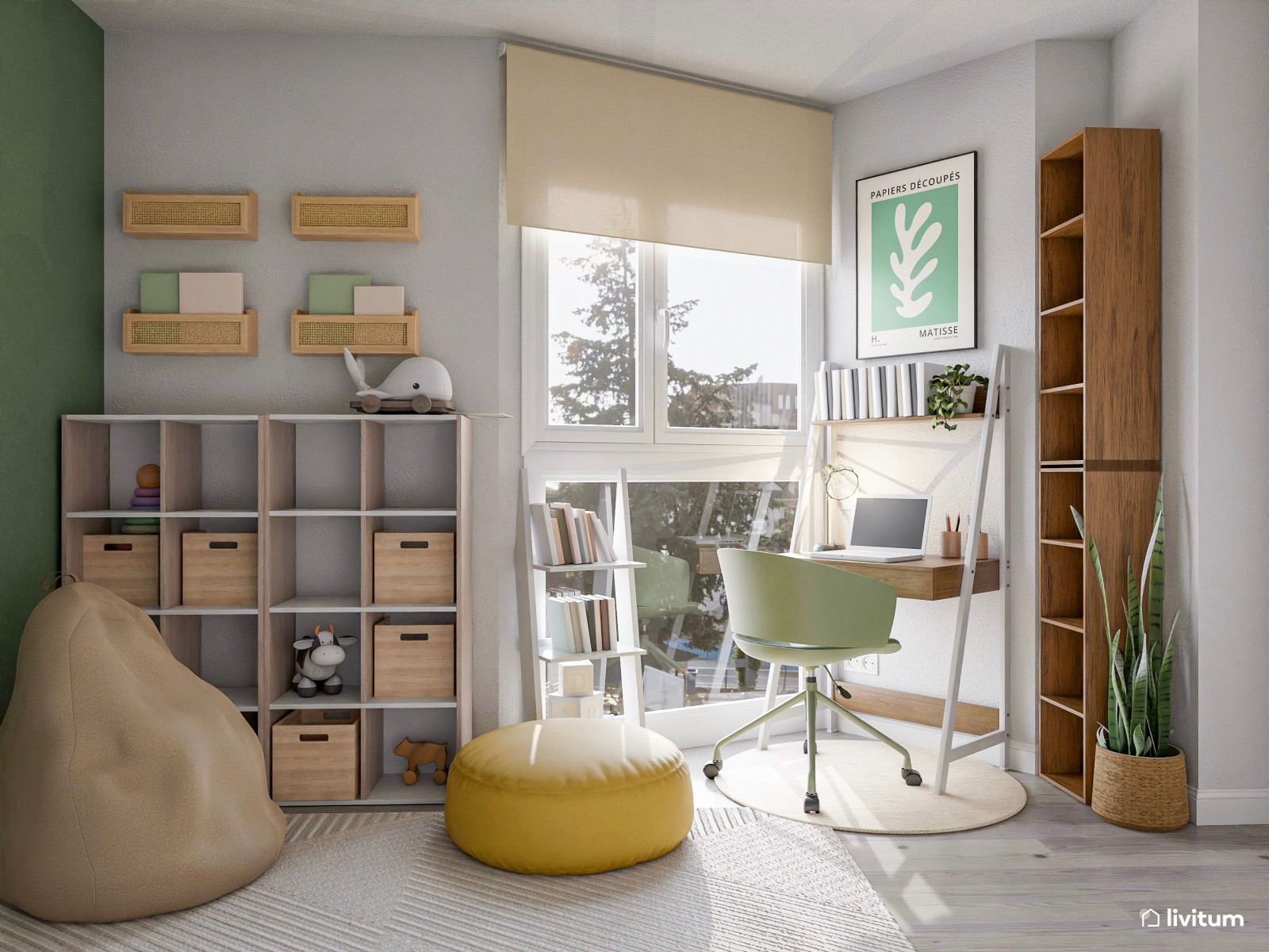 Habitación juvenil en verde y amarillo