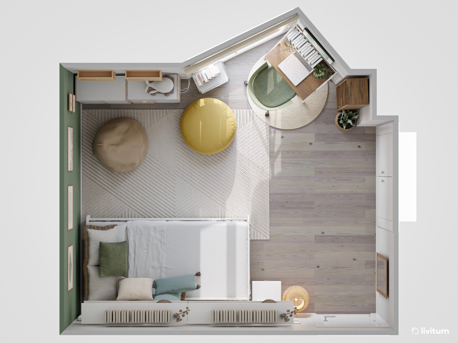 Habitación juvenil en verde y amarillo
