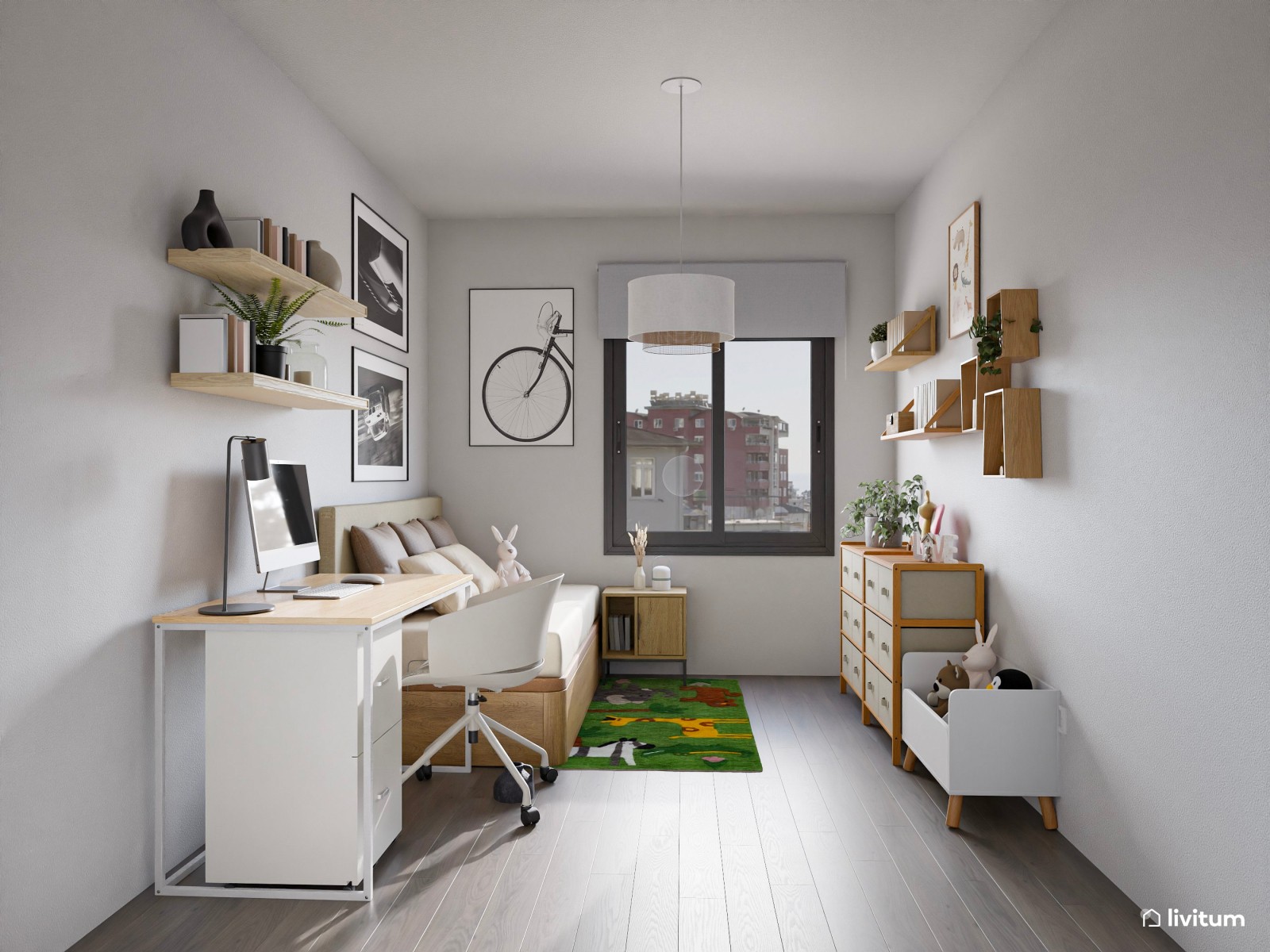 Habitación juvenil minimalista con escritorio 