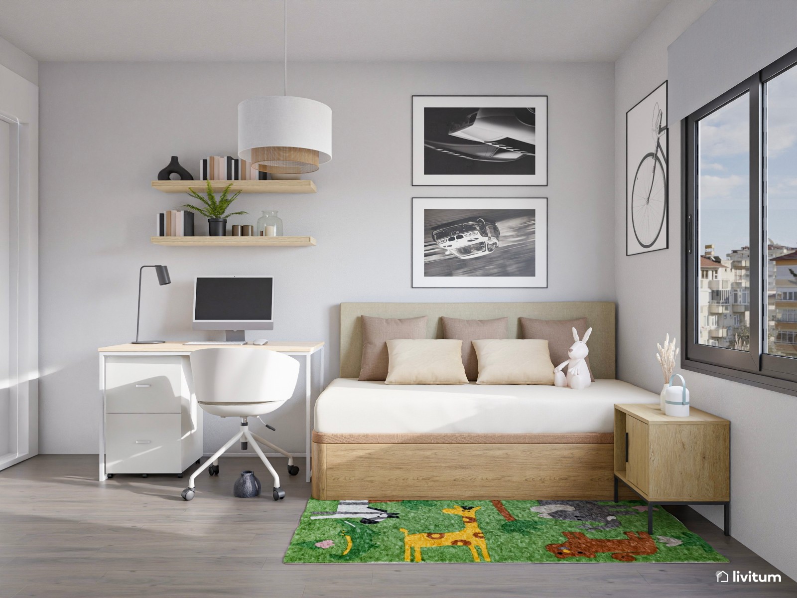 Habitación juvenil minimalista con escritorio 