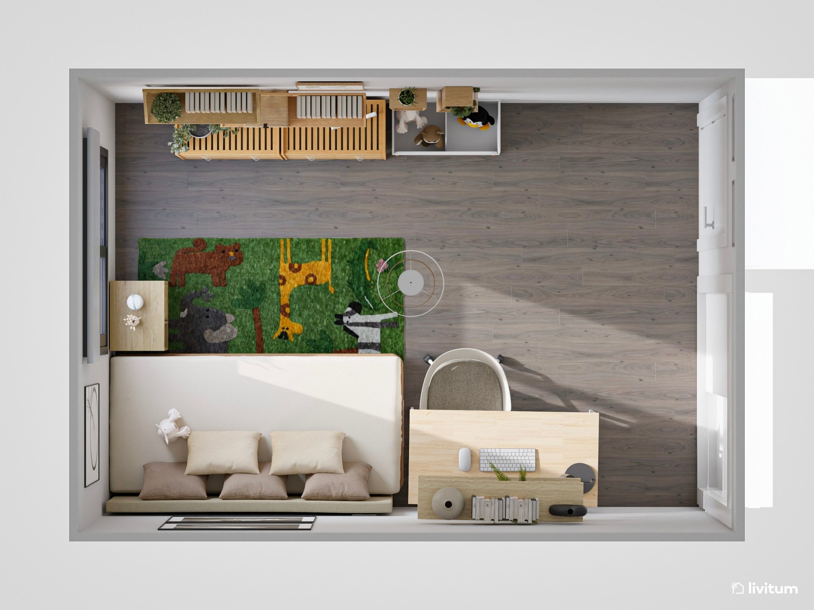 Habitación juvenil minimalista con escritorio 