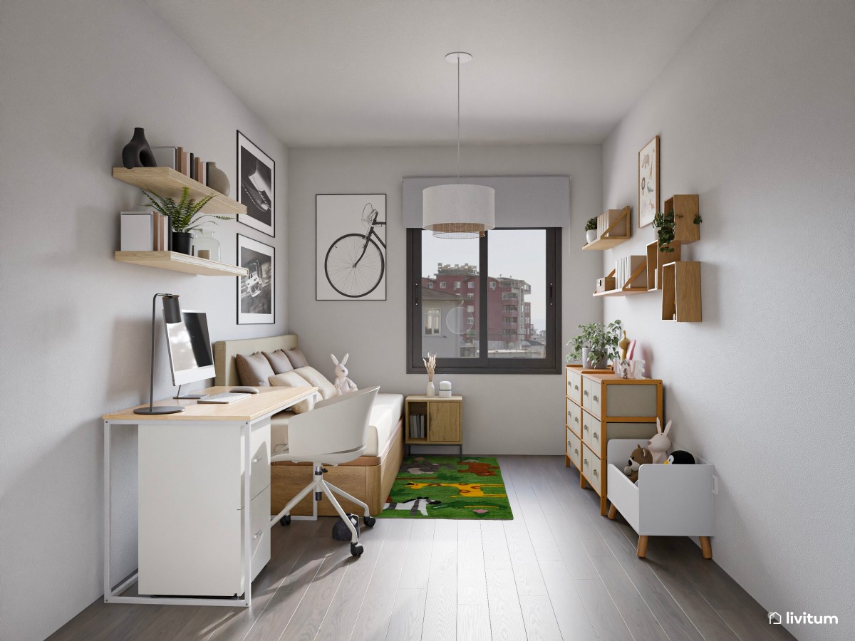Habitación juvenil minimalista con escritorio