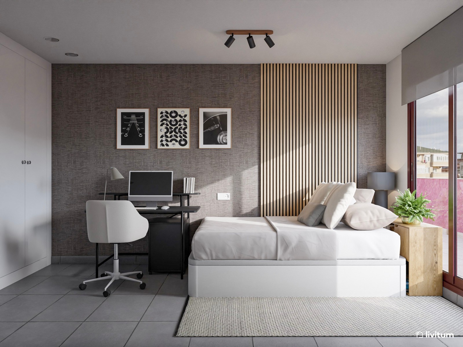 Habitación juvenil moderna en grises con zona de estudio y soporte para bicicleta