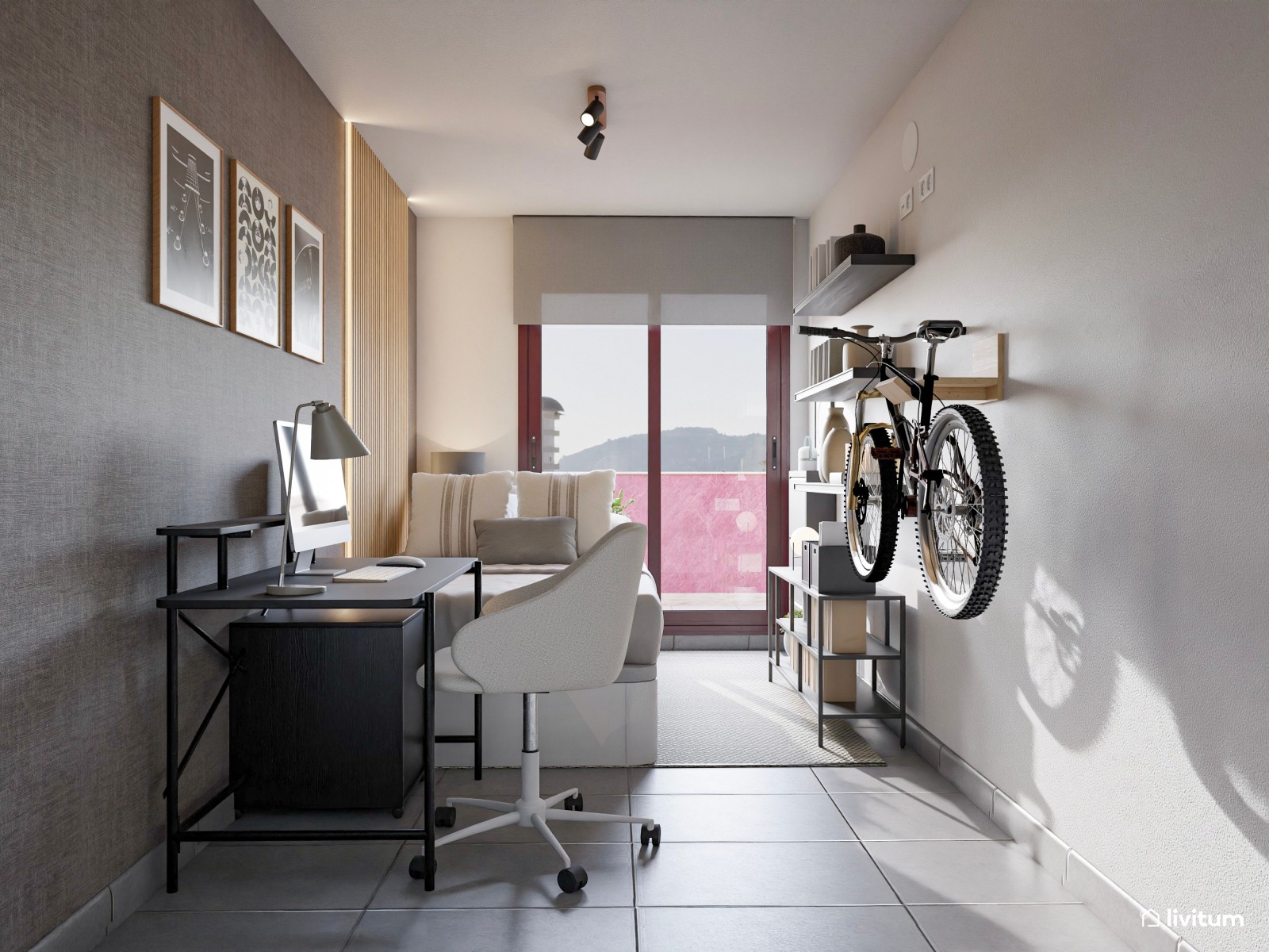 Habitación juvenil moderna en grises con zona de estudio y soporte para bicicleta