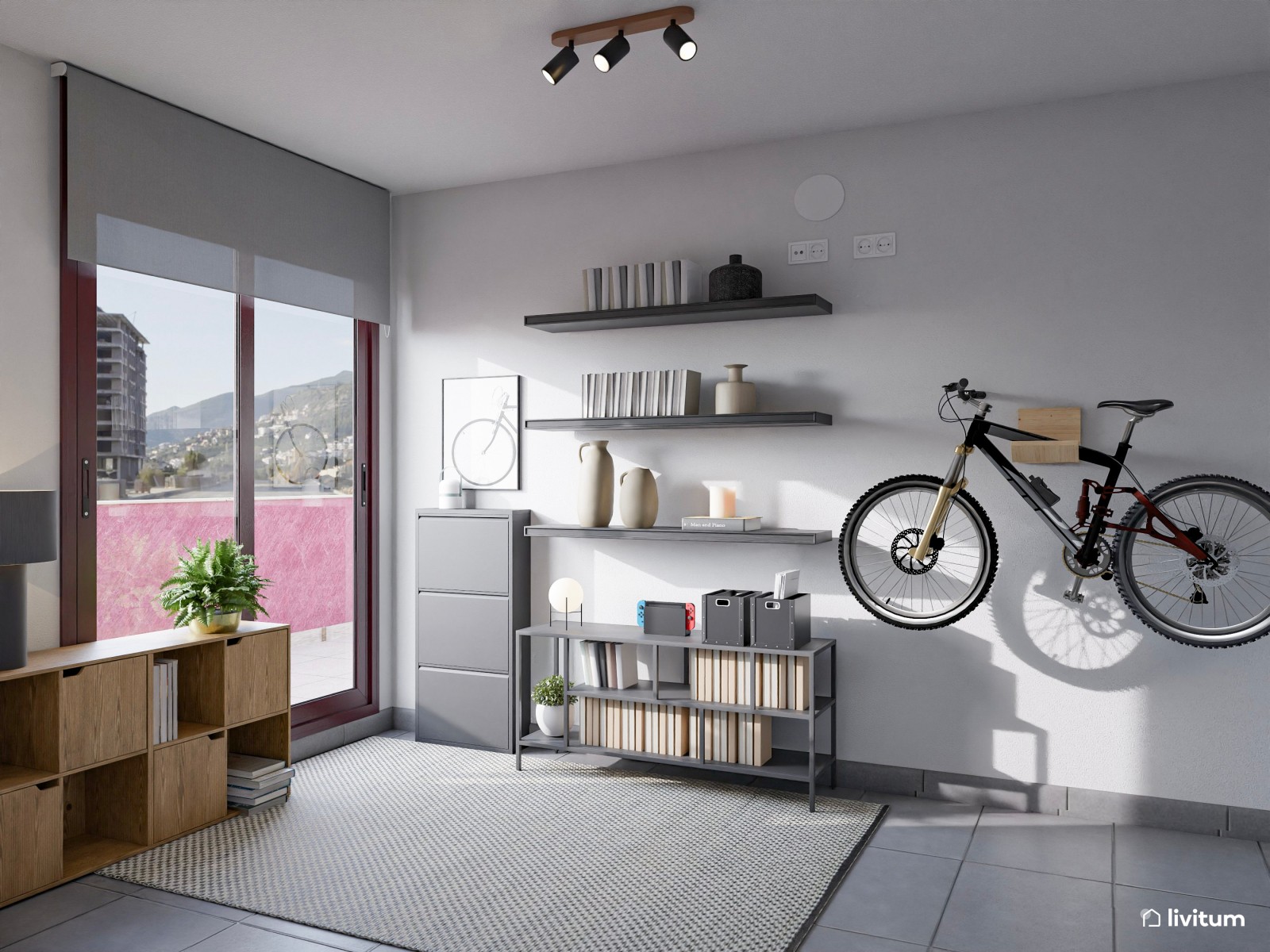 Habitación juvenil moderna en grises con zona de estudio y soporte para bicicleta