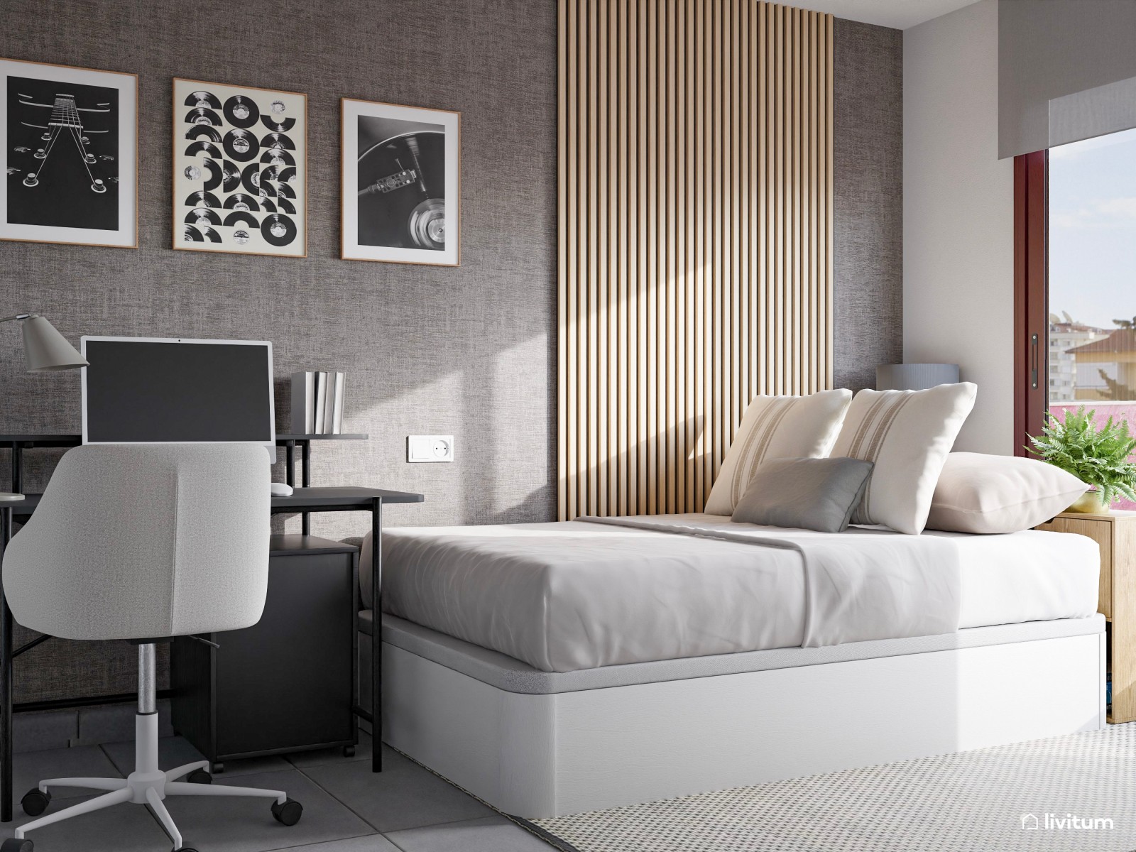 Habitación juvenil moderna en grises con zona de estudio y soporte para bicicleta