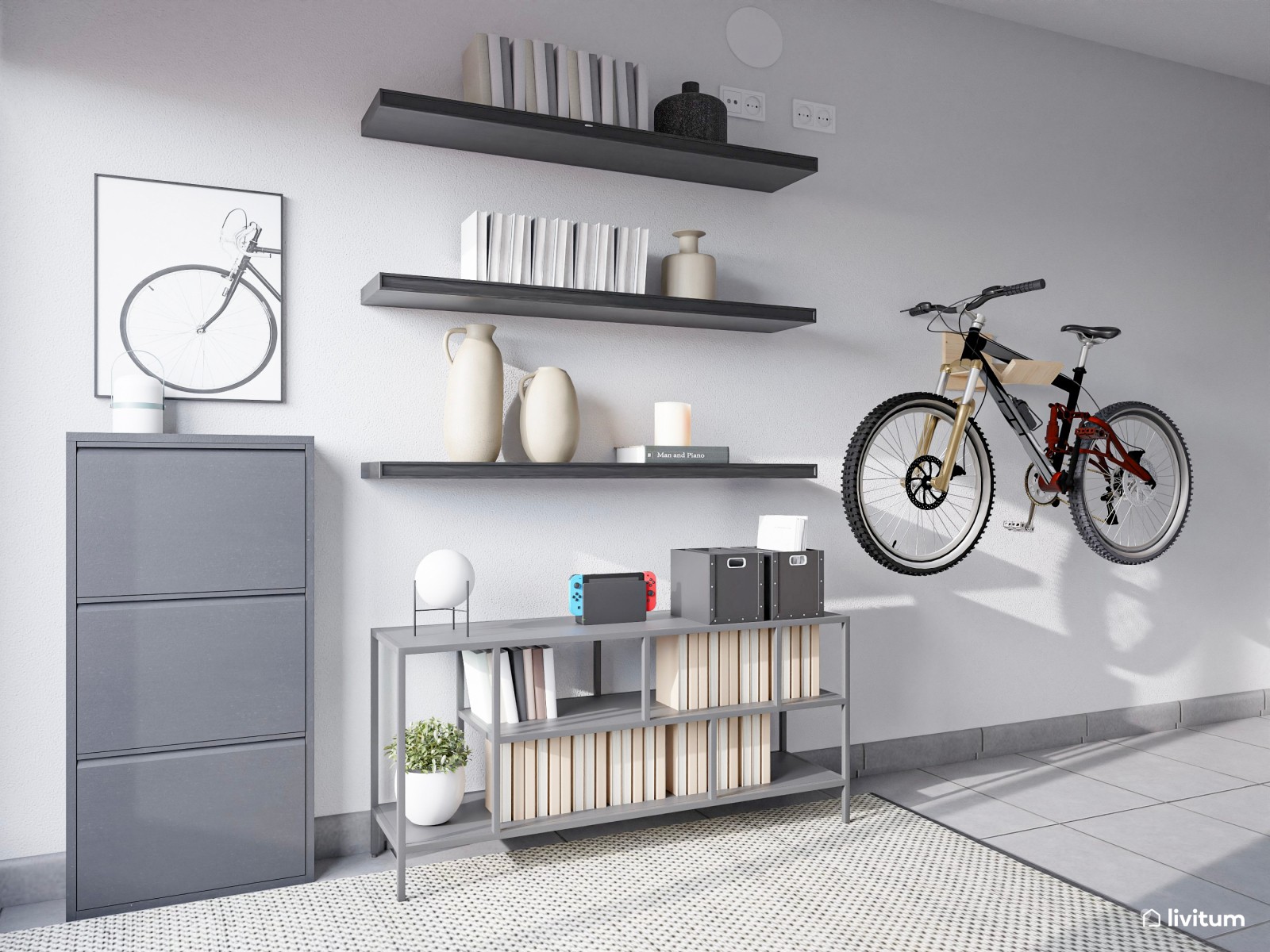 Habitación juvenil moderna en grises con zona de estudio y soporte para bicicleta